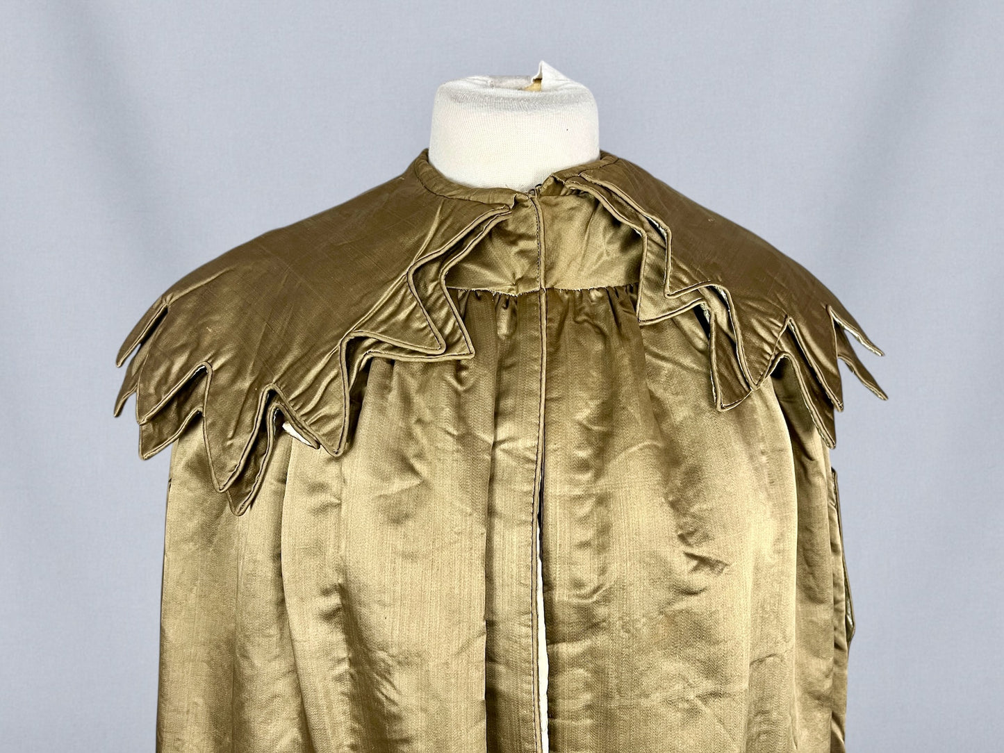 Vintage 1920s Gold-Hued Satin Cape with Subtle Olive Undertones & Layered Petal Collar