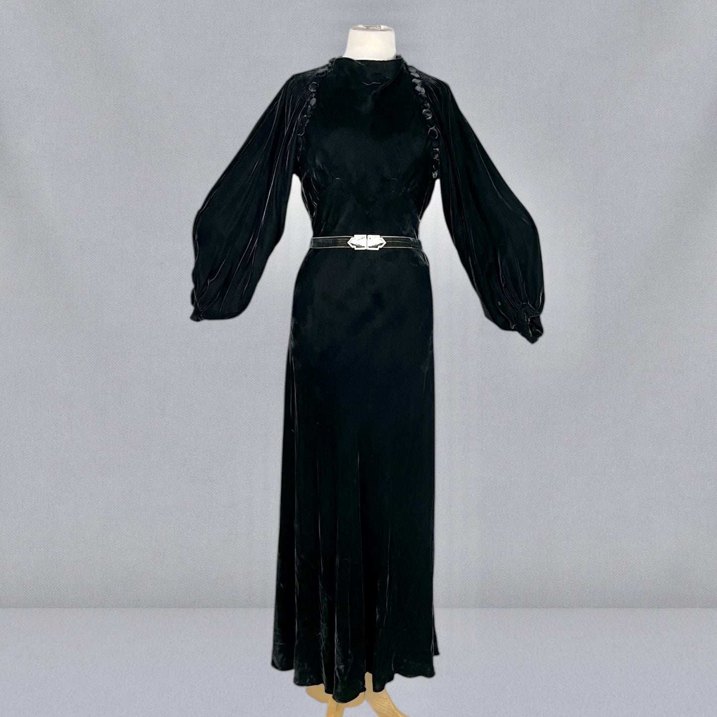 Vintage 1930s Black Velvet Bias-Cut Evening Dress with Bishop Sleeves & Covered Button Detailing, S/M