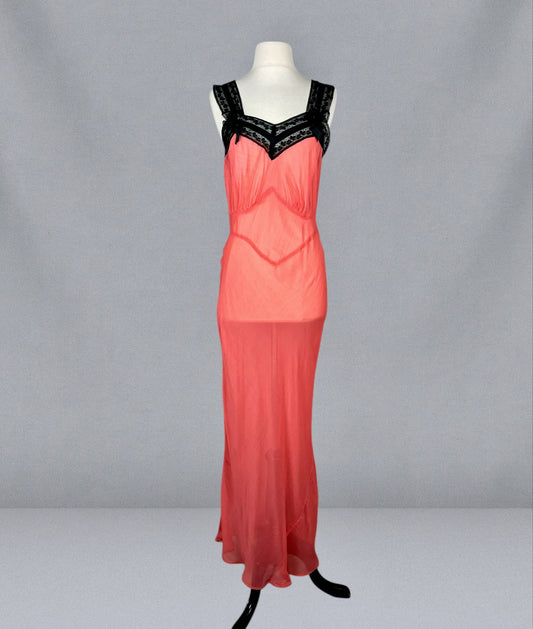 Vintage 1930s Coral Pink Silk Chiffon Bias Cut Lingerie Dress with Black Lace Straps, S - M