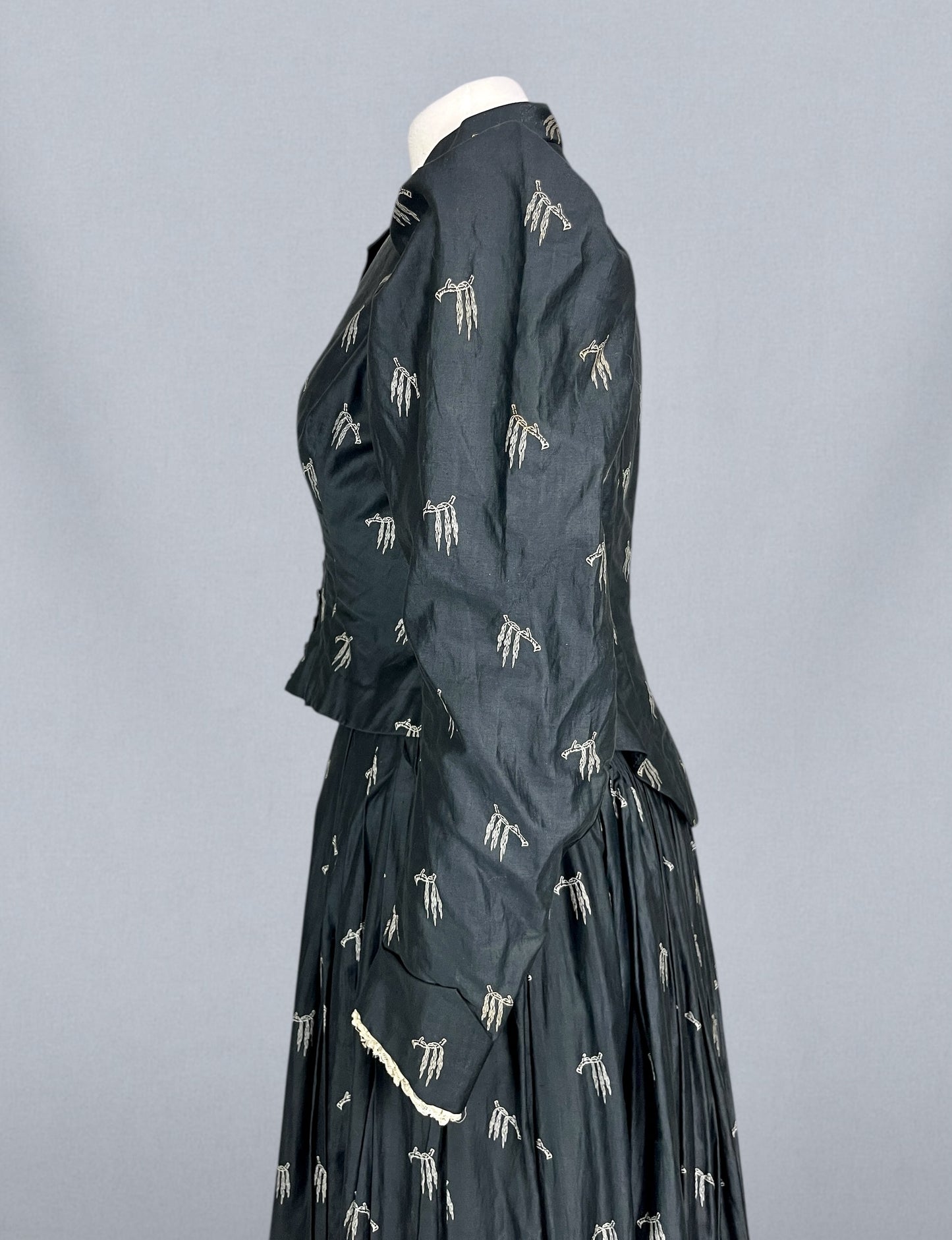 Antique 1890s Black Polished Printed Cotton Two-Piece Bodice and Skirt with Leg-of-Mutton Sleeves, Medium