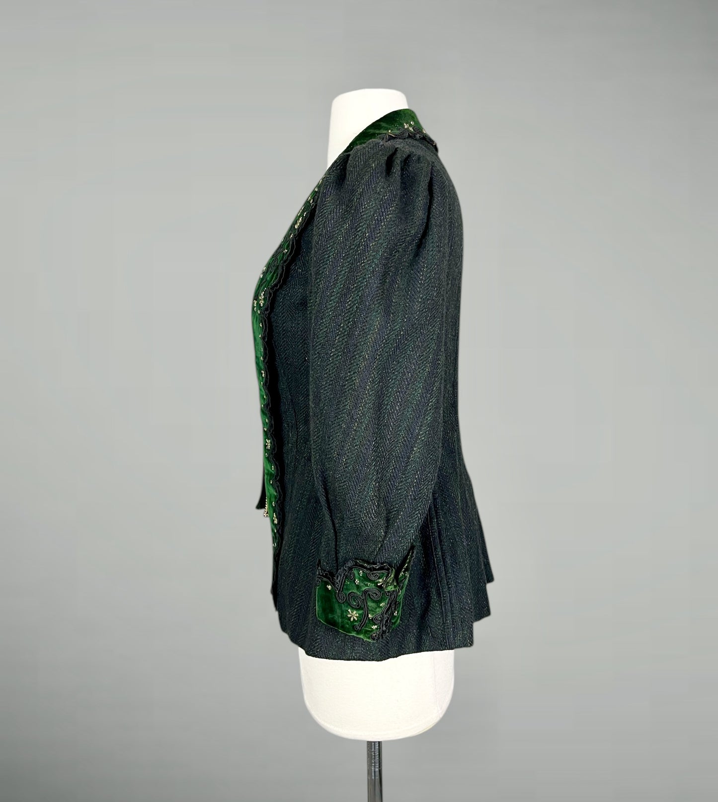 Antique 1890s Victorian Leg-of-Mutton Sleeve Striped Wool Bodice Jacket with Emerald Green Velvet, Soutache & Beaded Motifs