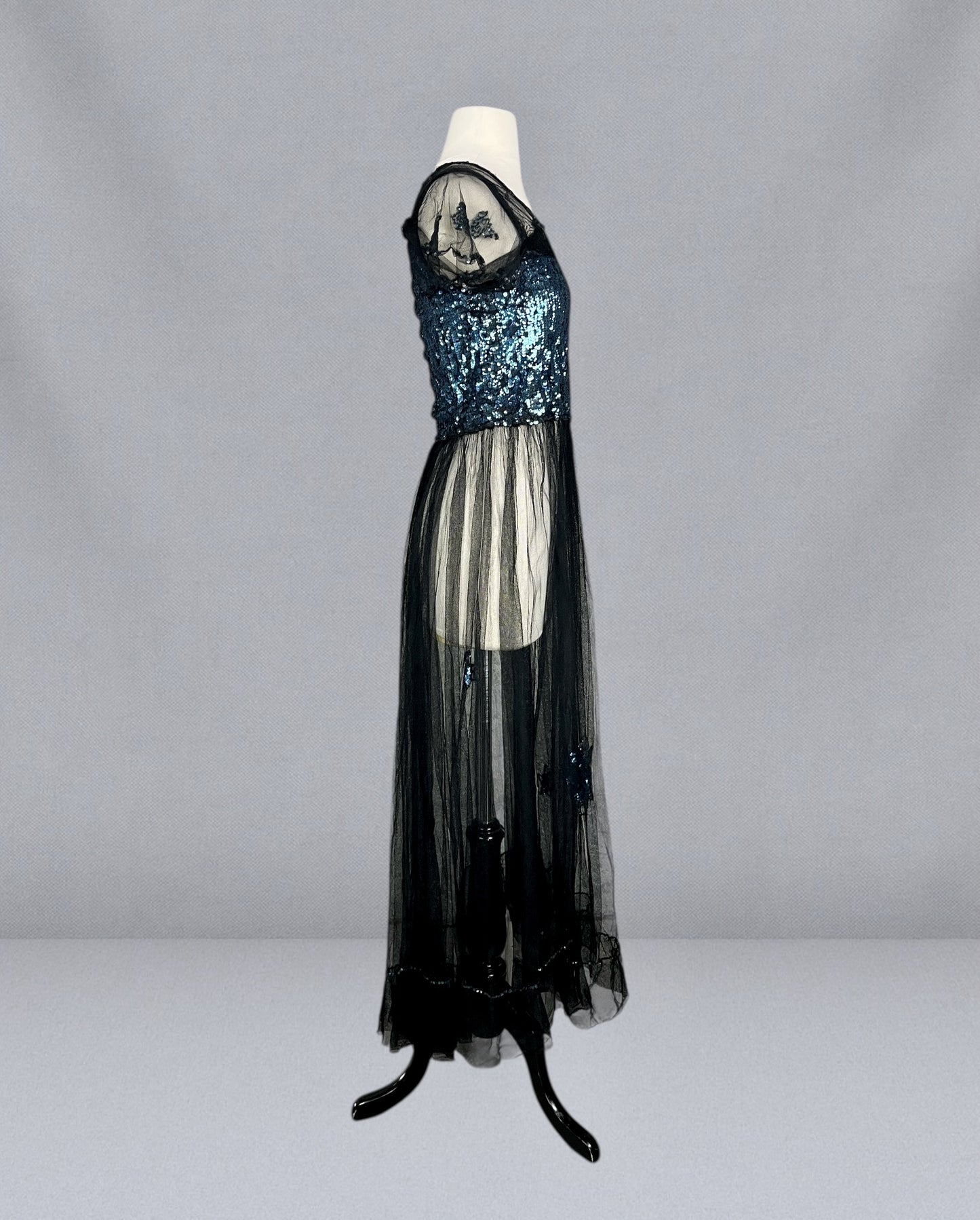 Extraordinary Antique 1930s Blue Gelatin Sequin & Black Net Evening Dress with Sheer Sleeves