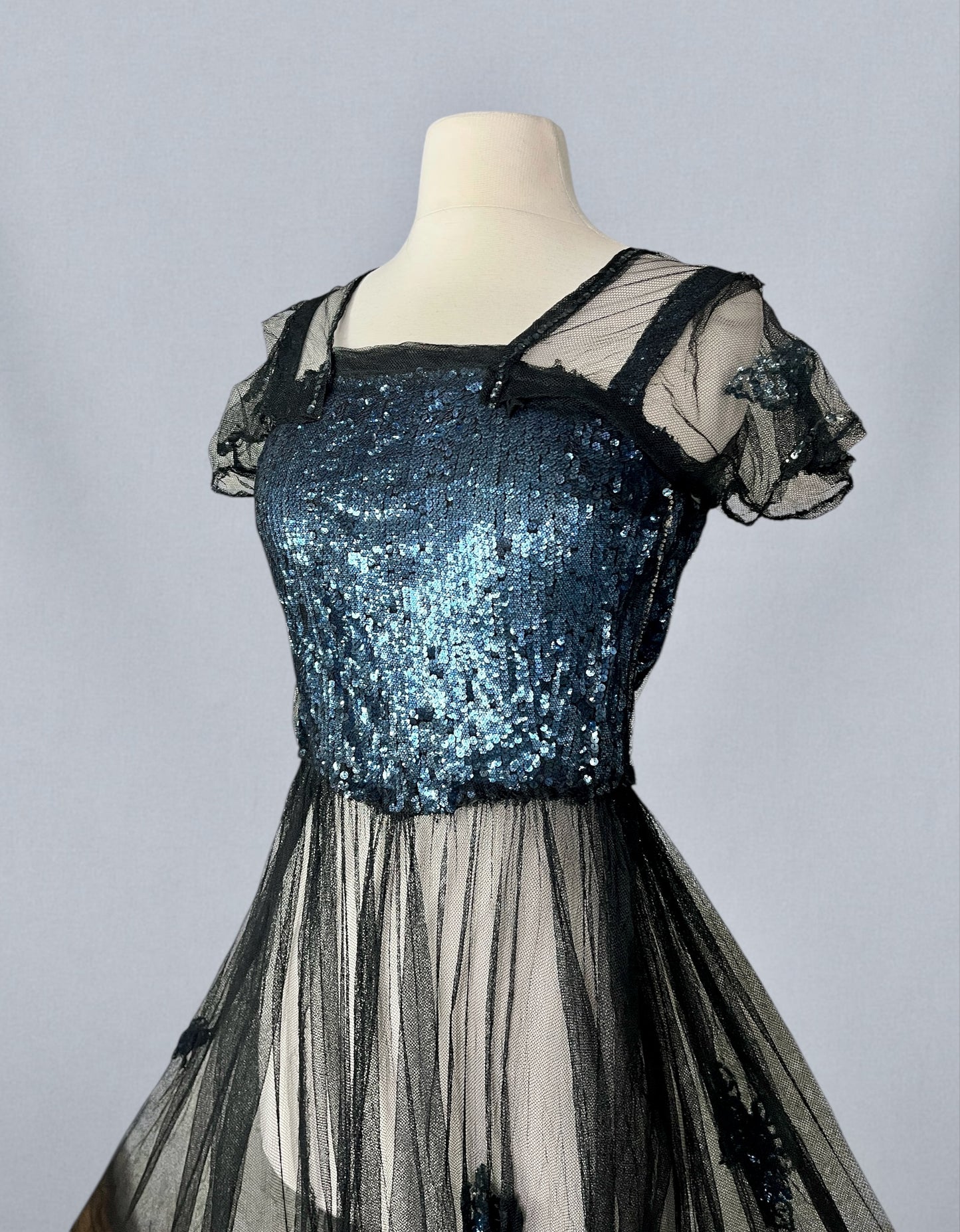 Extraordinary Antique 1930s Blue Gelatin Sequin & Black Net Evening Dress with Sheer Sleeves