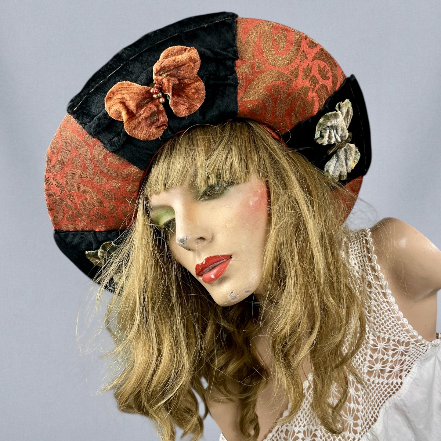 Antique Late 1910s Velvet & Lamé Brim Hat with Embroidered Silk Lining & Butterfly Appliqués