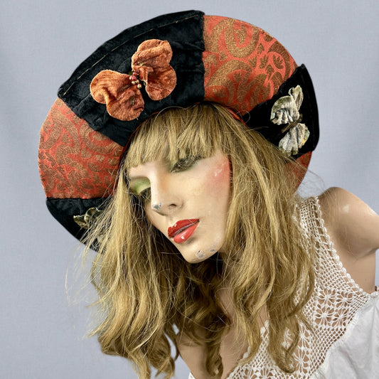Antique Late 1910s Velvet & Lamé Brim Hat with Embroidered Silk Lining & Butterfly Appliqués