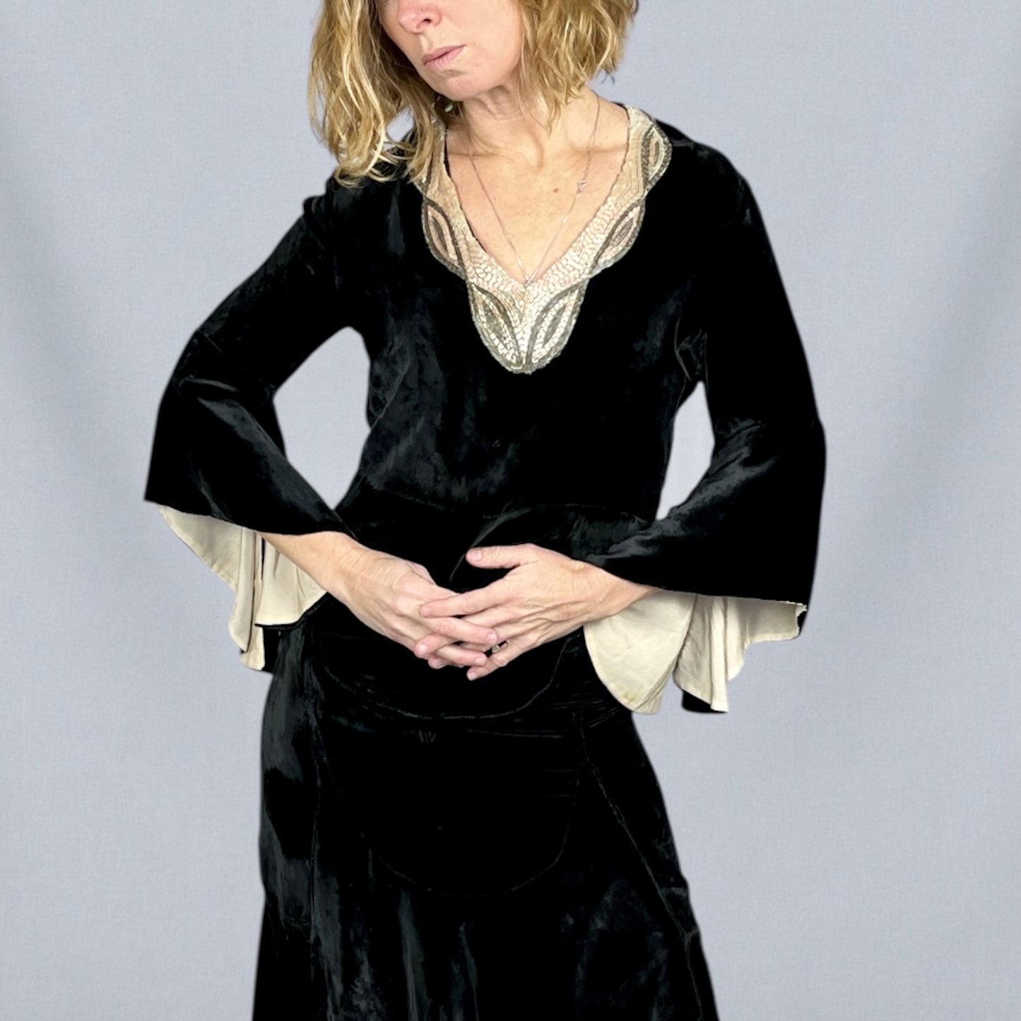 Antique Late 1920s Early 1930s Black Silk Velvet Dress with Beaded Neckline & Satin-Lined Bell Sleeves