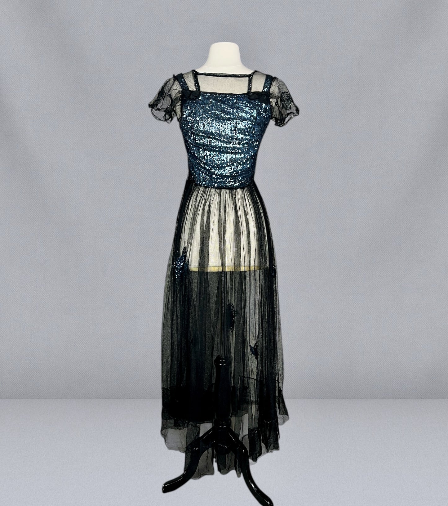 Extraordinary Antique 1930s Blue Gelatin Sequin & Black Net Evening Dress with Sheer Sleeves