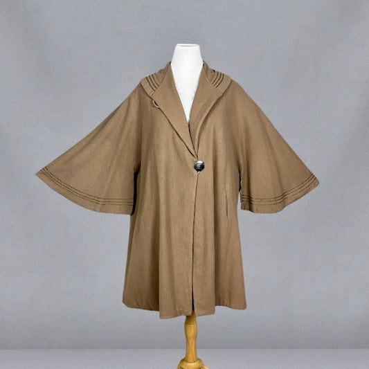 Antique 1920s Taupe Wool Cape Coat with Art Deco Arrow Embroidery, Palmer Garment Chicago