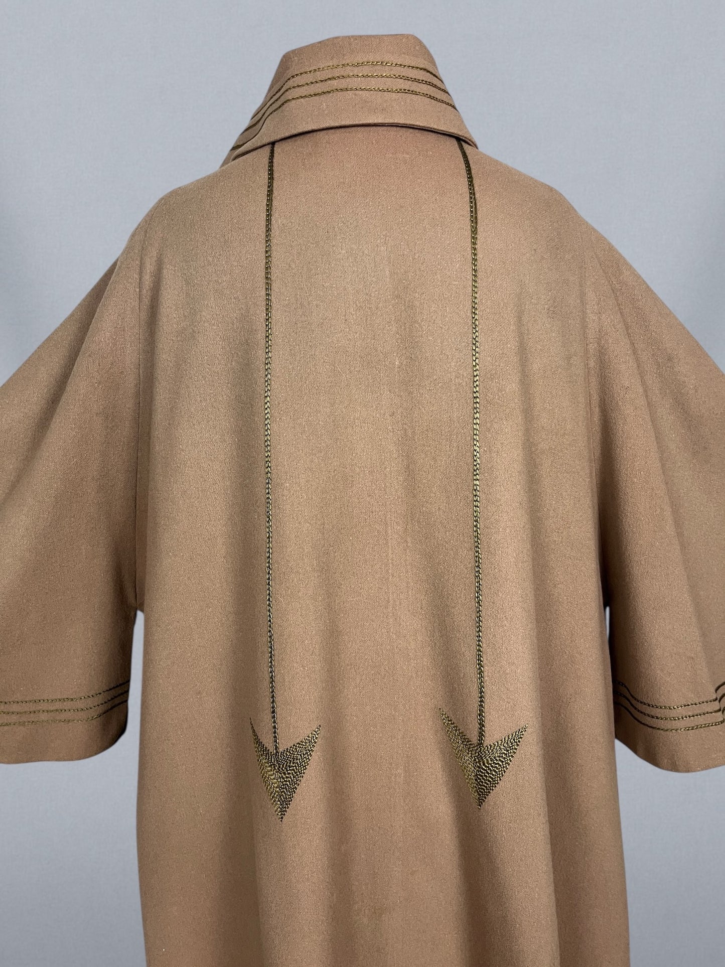 Antique 1920s Taupe Wool Cape Coat with Art Deco Arrow Embroidery, Palmer Garment Chicago