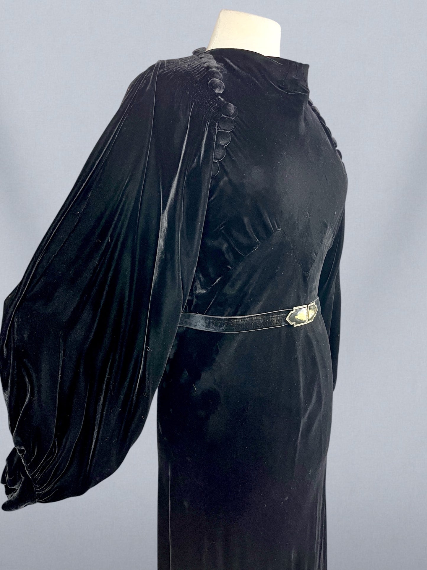 Vintage 1930s Black Velvet Bias-Cut Evening Dress with Bishop Sleeves & Covered Button Detailing, S/M