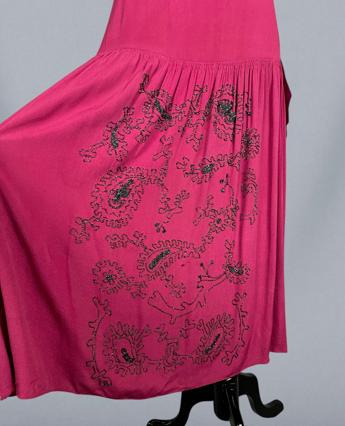 Antique 1920s Cerise Pink Beaded Silk Dress with Velvet Ribbon Back, XS