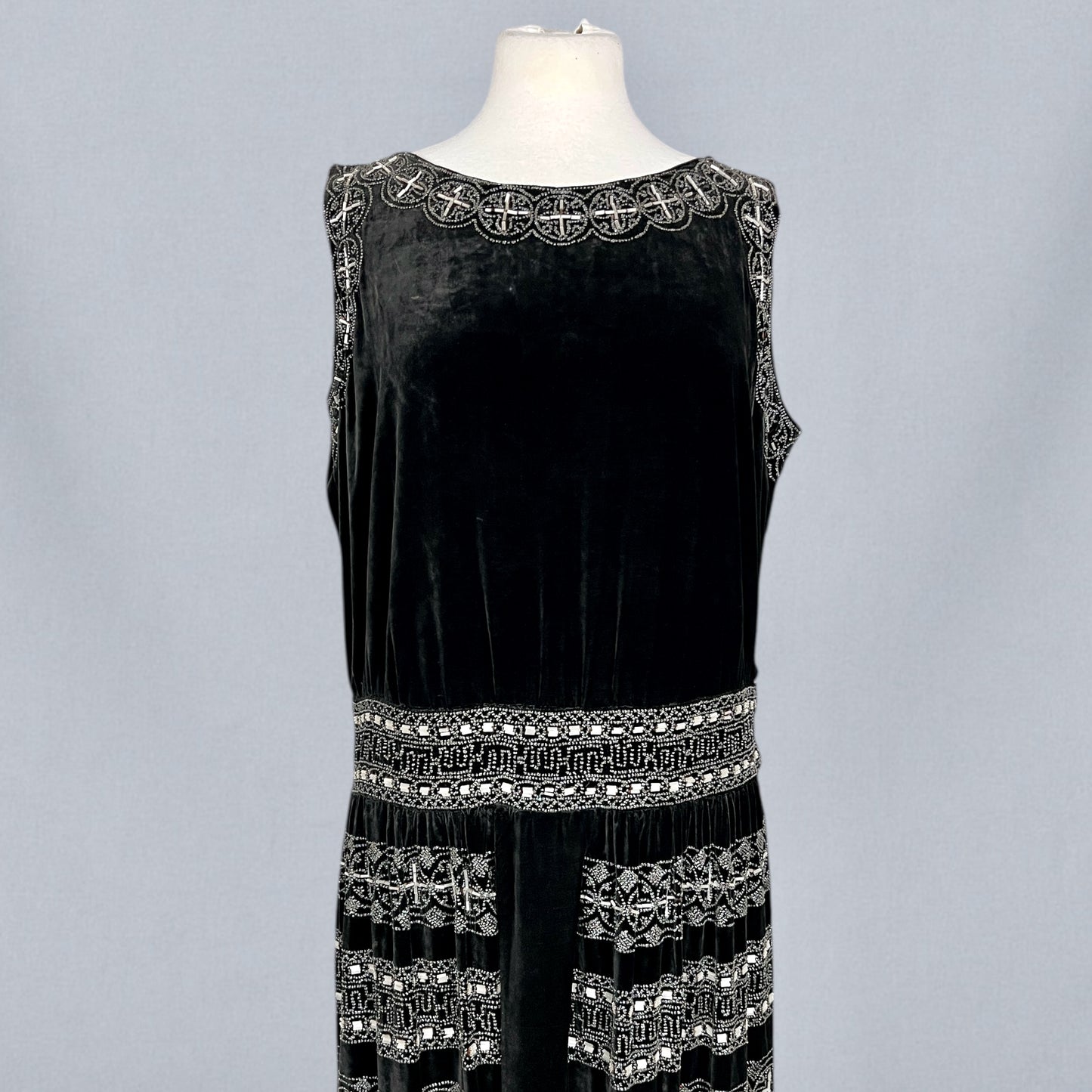 Exceptional Antique 1920s Black Velvet Dress with Silver Beadwork & Geometric Motifs, M - L
