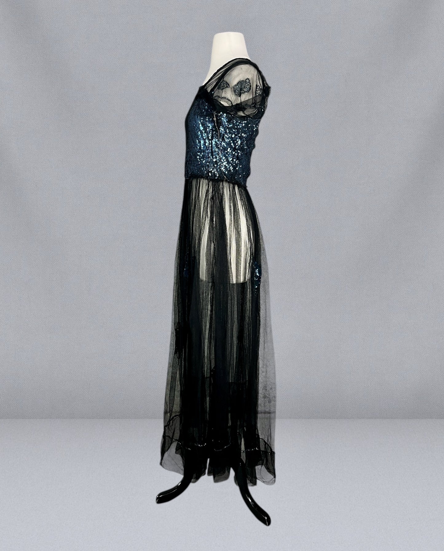Extraordinary Antique 1930s Blue Gelatin Sequin & Black Net Evening Dress with Sheer Sleeves