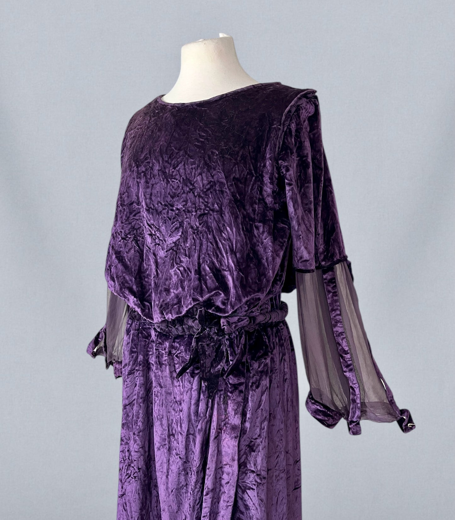 Antique Late 1910s–Early 1920s Purple Velvet Dress with Sheer Cutout Sleeves & Velvet Waist Rosette, Medium