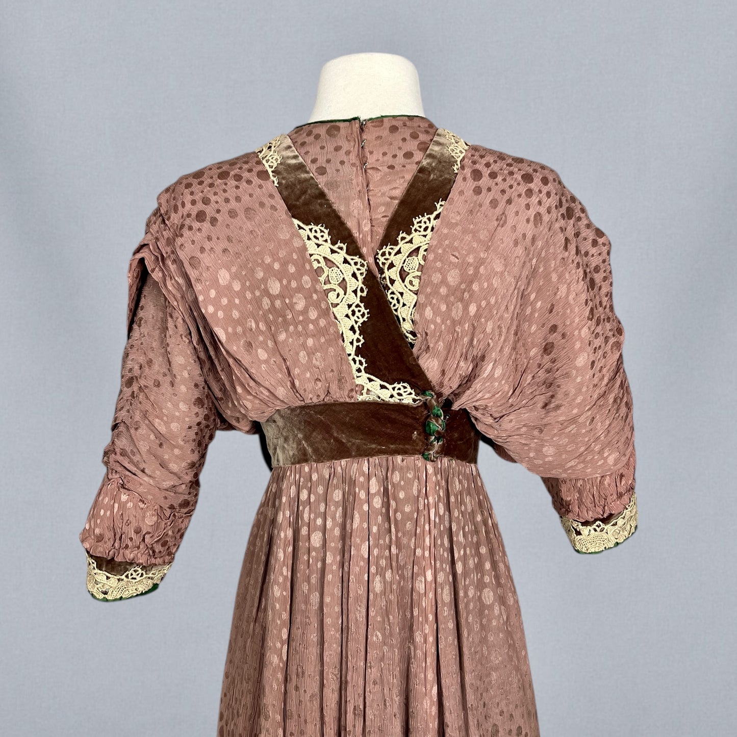 Antique Edwardian 1900s Taupe Textured Silk Dress with Brown Velvet, Cream Lace & Emerald Green Trim, XS