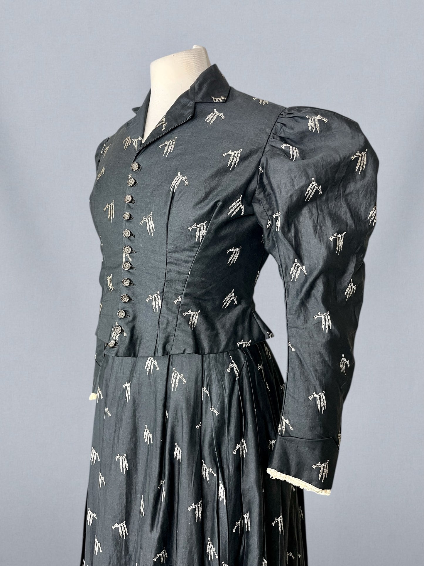 Antique 1890s Black Polished Printed Cotton Two-Piece Bodice and Skirt with Leg-of-Mutton Sleeves, Medium