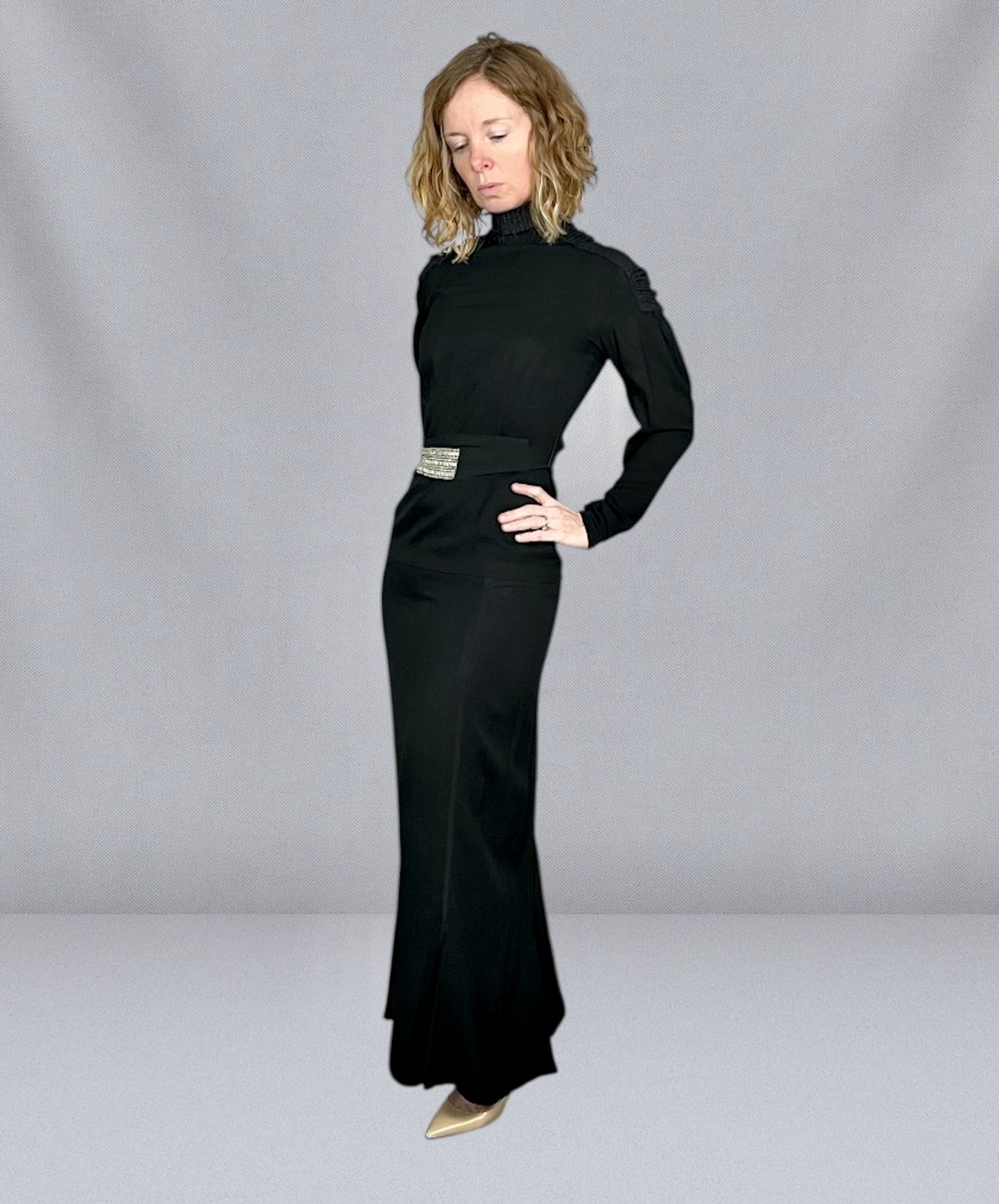 Vintage Late 1930s Black Rayon Two-Piece Ensemble | Deco Seamed Blouse with Shirred Knit Collar