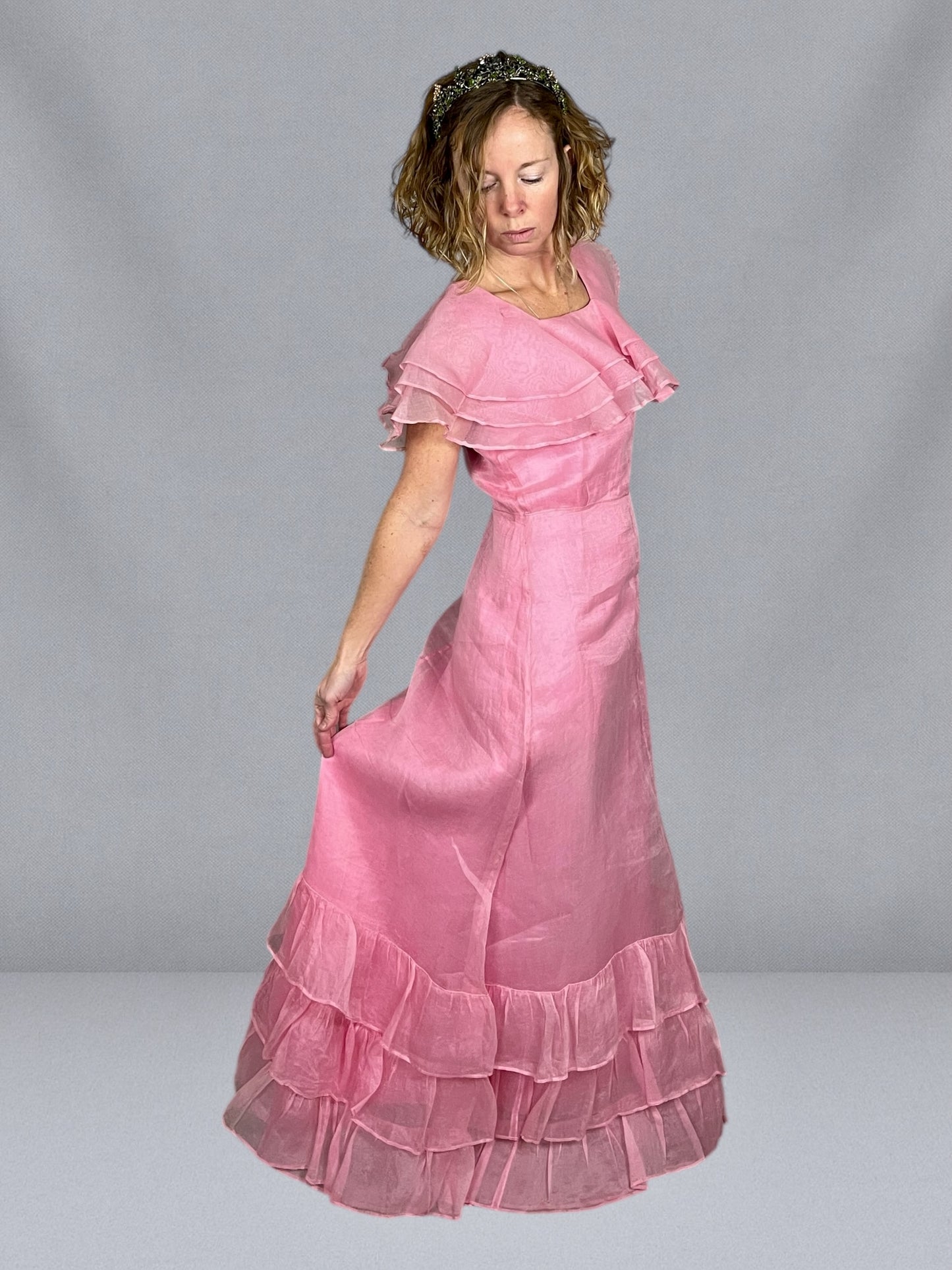 Exceptional Late 1930s Pink Organza Graduation Gown with Original Portrait Provenance – Bias Cut Tiered Ruffle Dress, c.1936