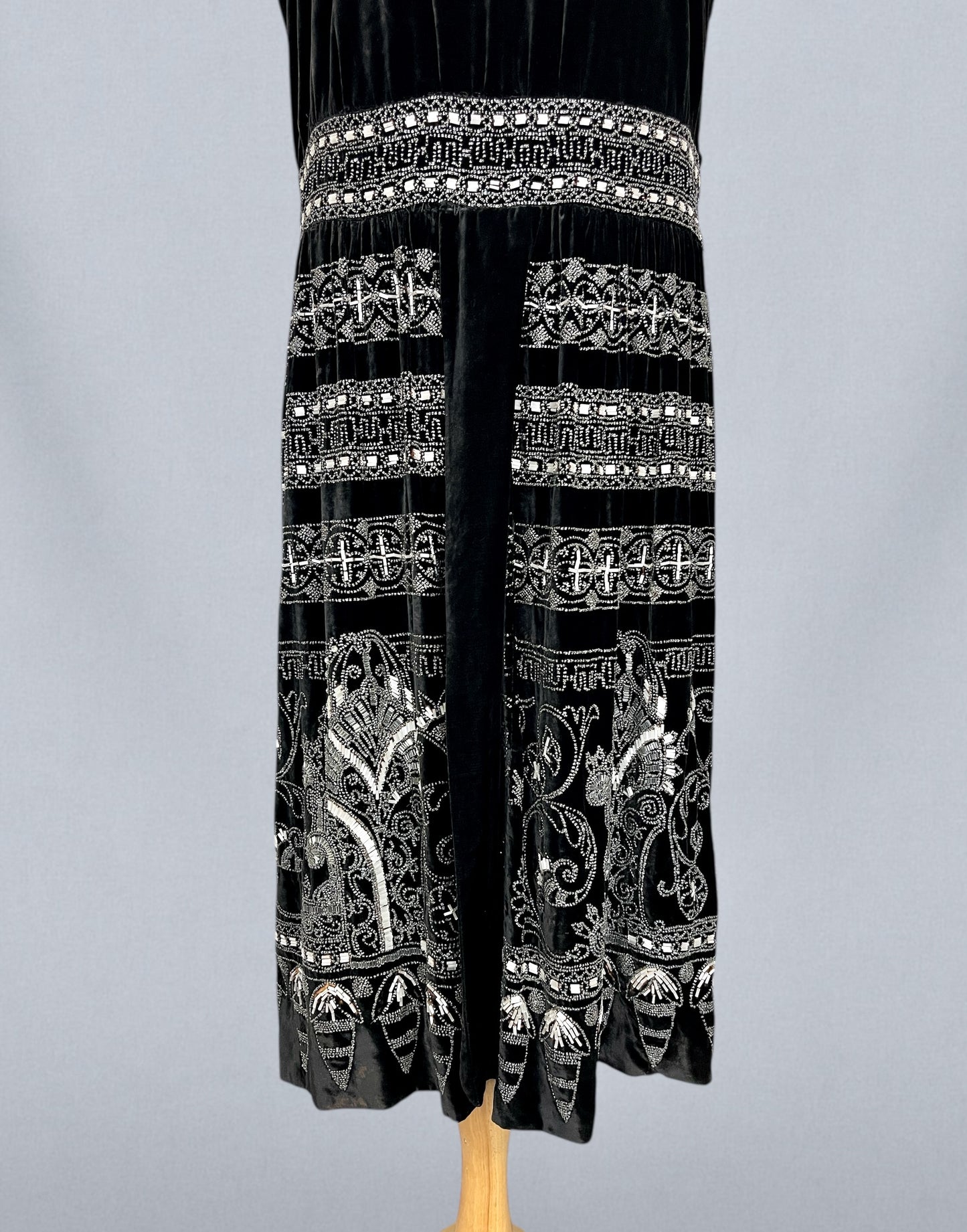 Exceptional Antique 1920s Black Velvet Dress with Silver Beadwork & Geometric Motifs, M - L