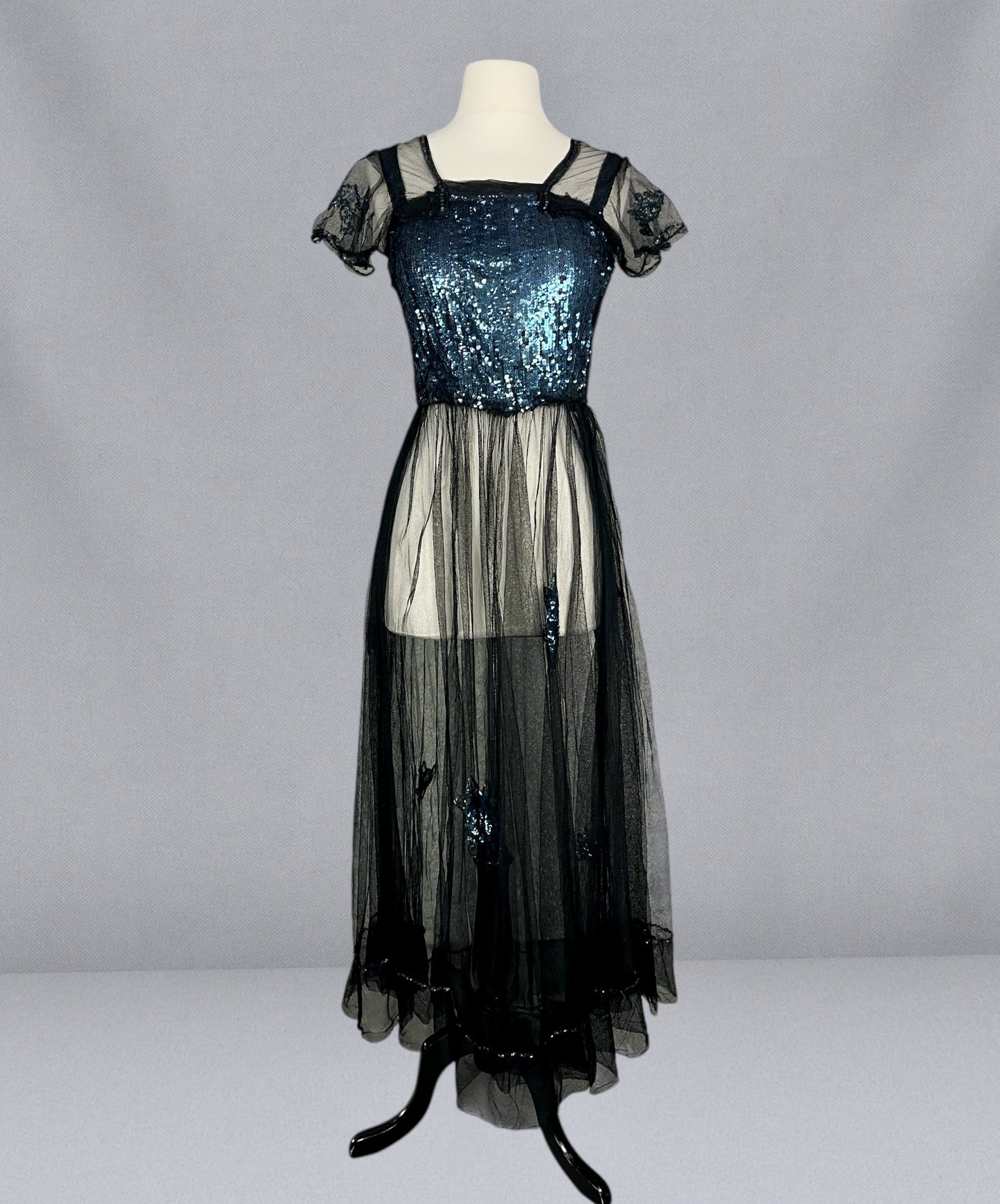 Extraordinary Antique 1930s Blue Gelatin Sequin & Black Net Evening Dress with Sheer Sleeves