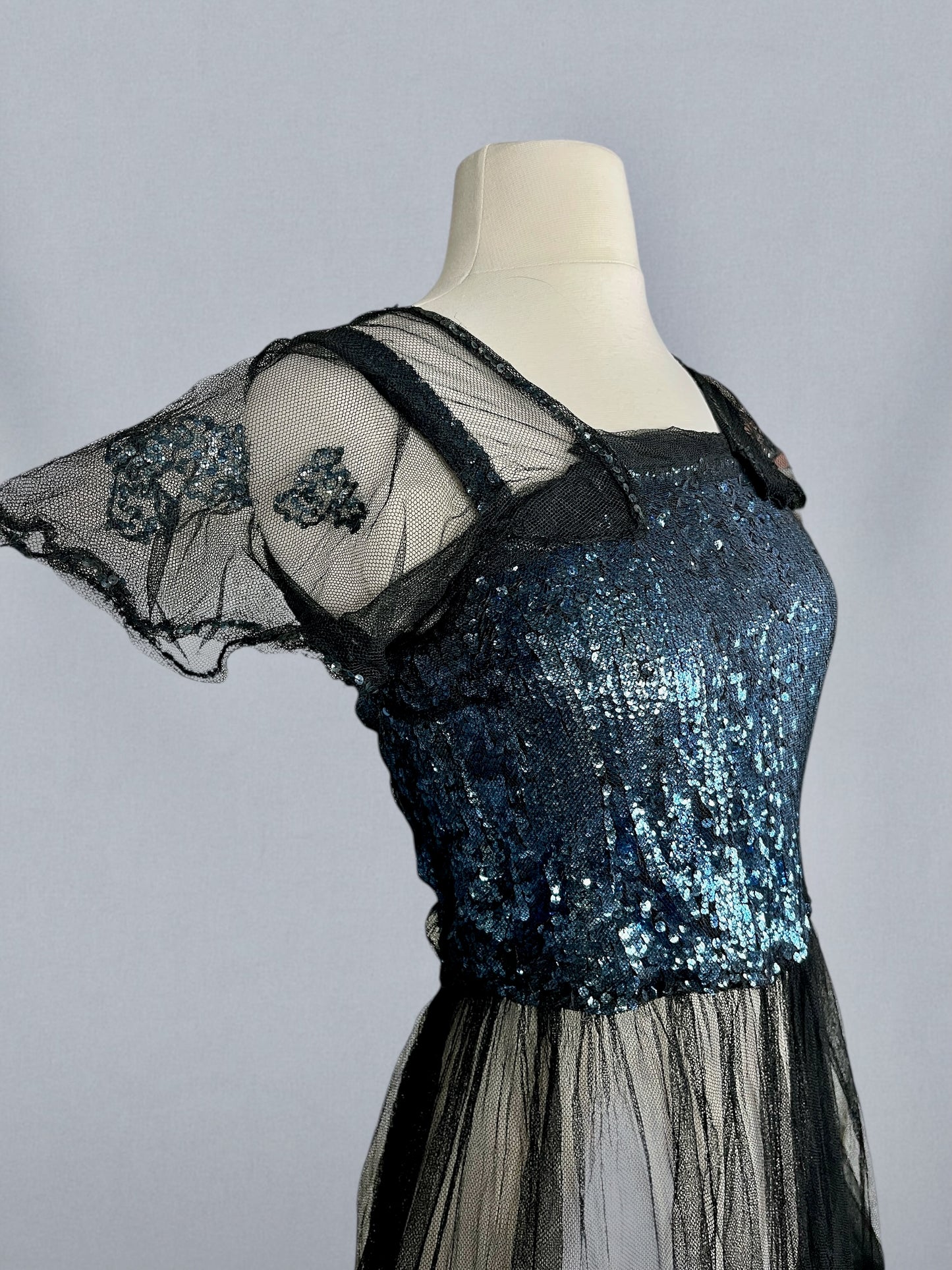 Extraordinary Antique 1930s Blue Gelatin Sequin & Black Net Evening Dress with Sheer Sleeves