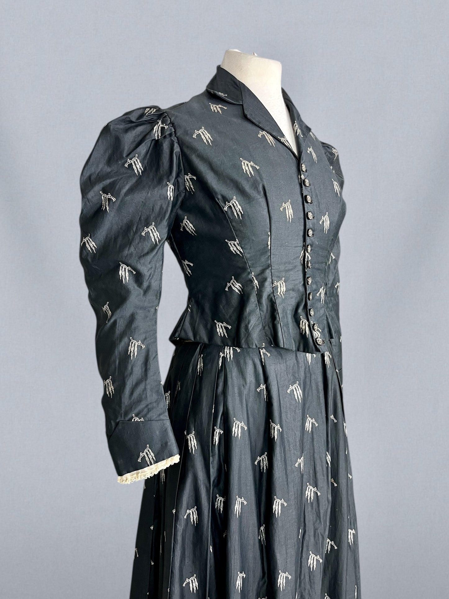 Antique 1890s Black Polished Printed Cotton Two-Piece Bodice and Skirt with Leg-of-Mutton Sleeves, Medium