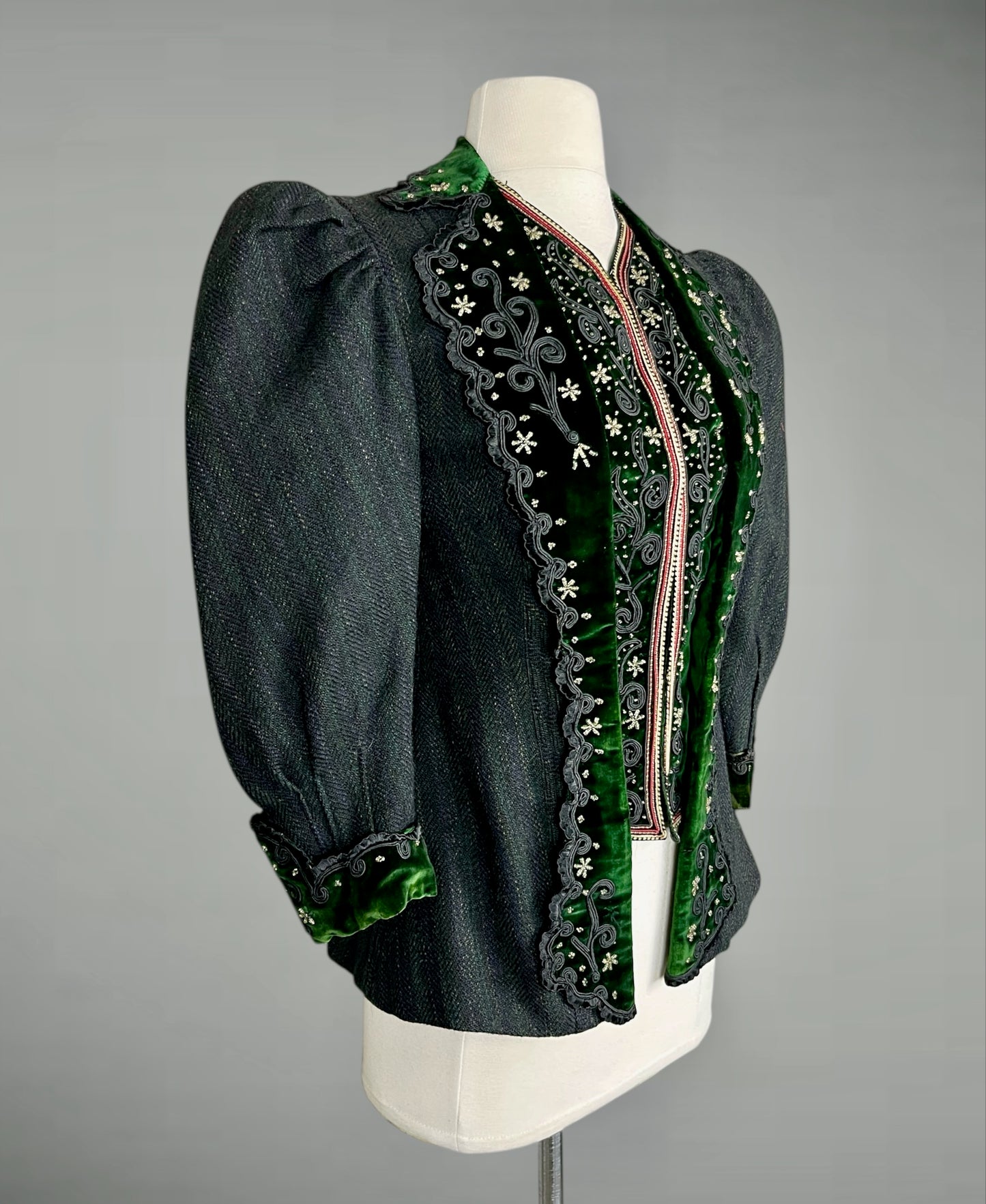 1890s Victorian leg-of-mutton sleeve bodice in charcoal wool with green striping and soutache embroider