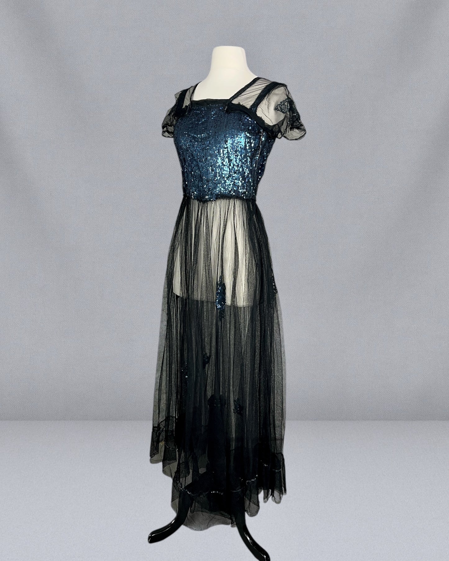 Extraordinary Antique 1930s Blue Gelatin Sequin & Black Net Evening Dress with Sheer Sleeves