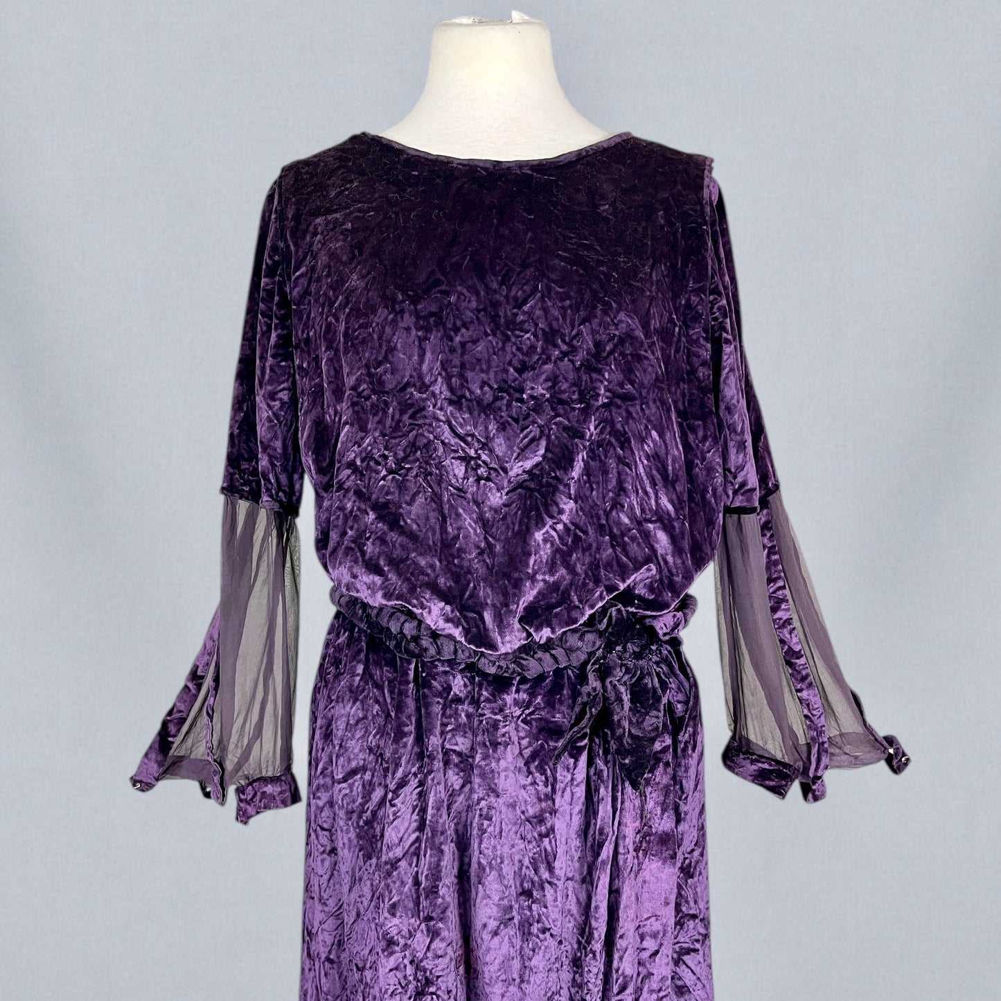 Antique Late 1910s–Early 1920s Purple Velvet Dress with Sheer Cutout Sleeves & Velvet Waist Rosette, Medium