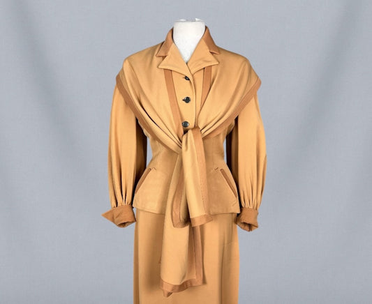 Vintage Late 1930s to Early 1940s Friess Original Camel Wool Three-Piece Suit with Removable Draped Shawl Collar & Bishop Sleeves