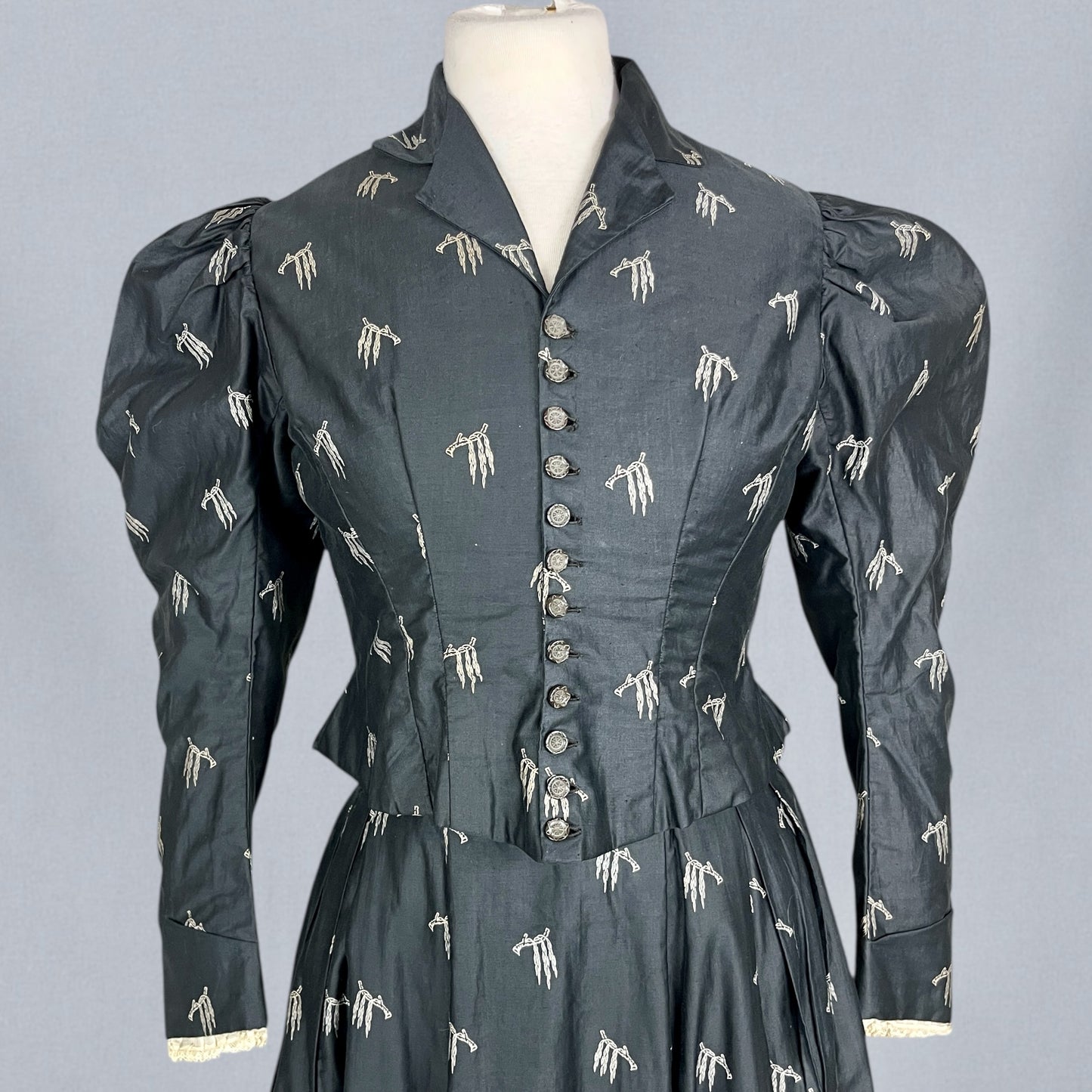 Antique 1890s Black Polished Printed Cotton Two-Piece Bodice and Skirt with Leg-of-Mutton Sleeves, Medium