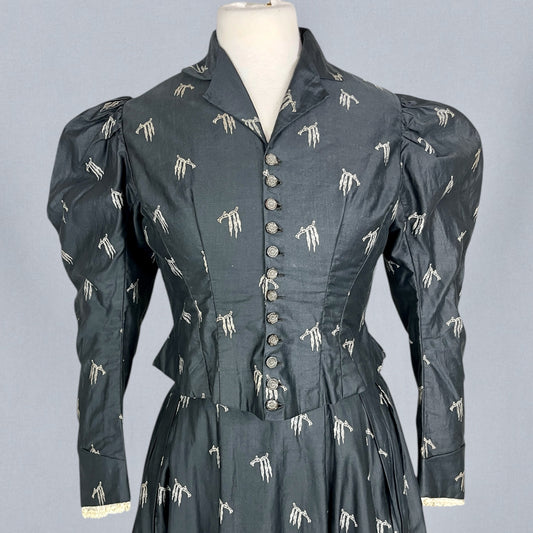Antique 1890s Black Polished Printed Cotton Two-Piece Bodice and Skirt with Leg-of-Mutton Sleeves, Medium