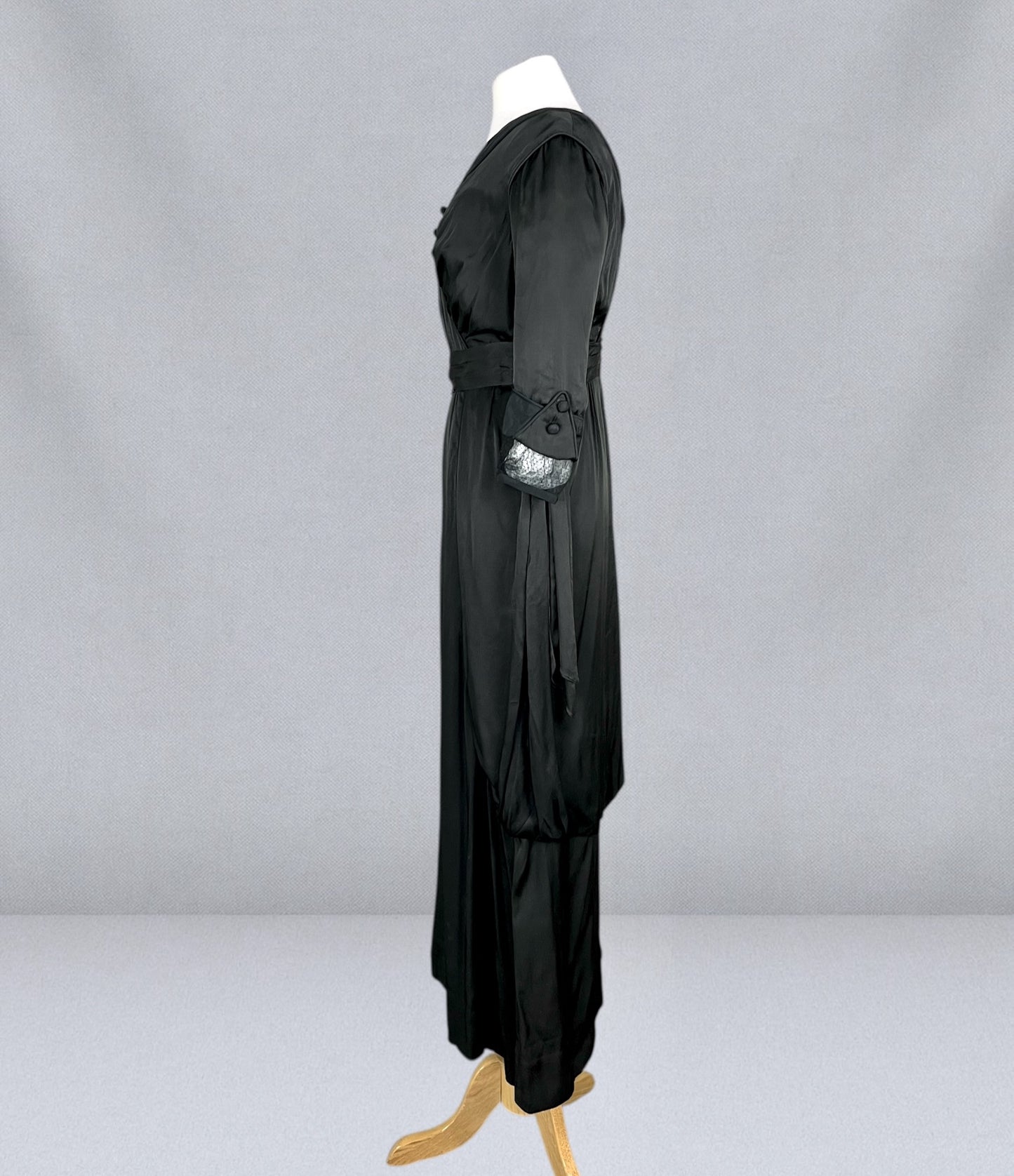Antique Edwardian Early 1910s Black Silk Gown, Fluid Draped Skirt, Hobble-Era Influence, Small