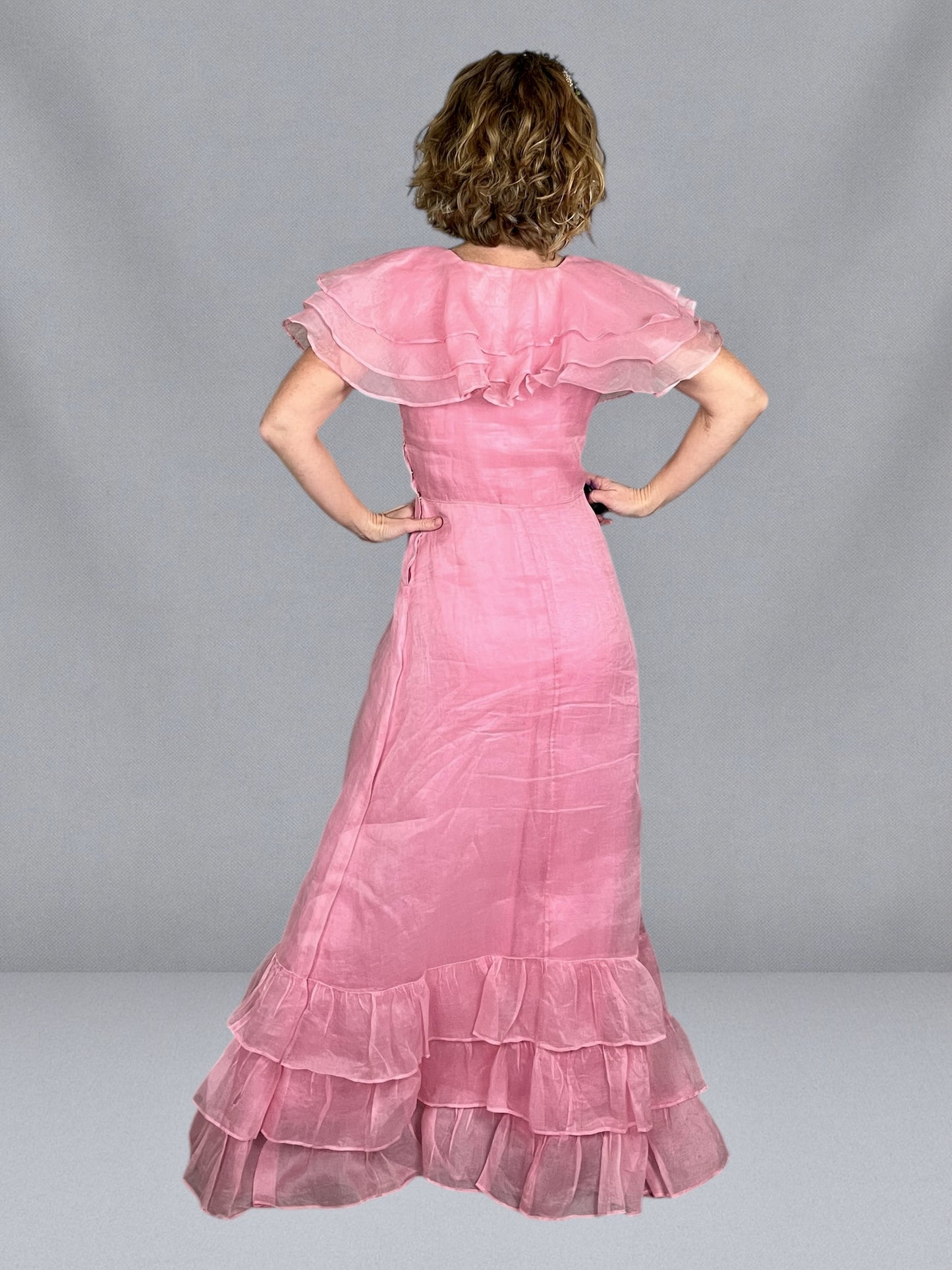Exceptional Late 1930s Pink Organza Graduation Gown with Original Portrait Provenance – Bias Cut Tiered Ruffle Dress, c.1936