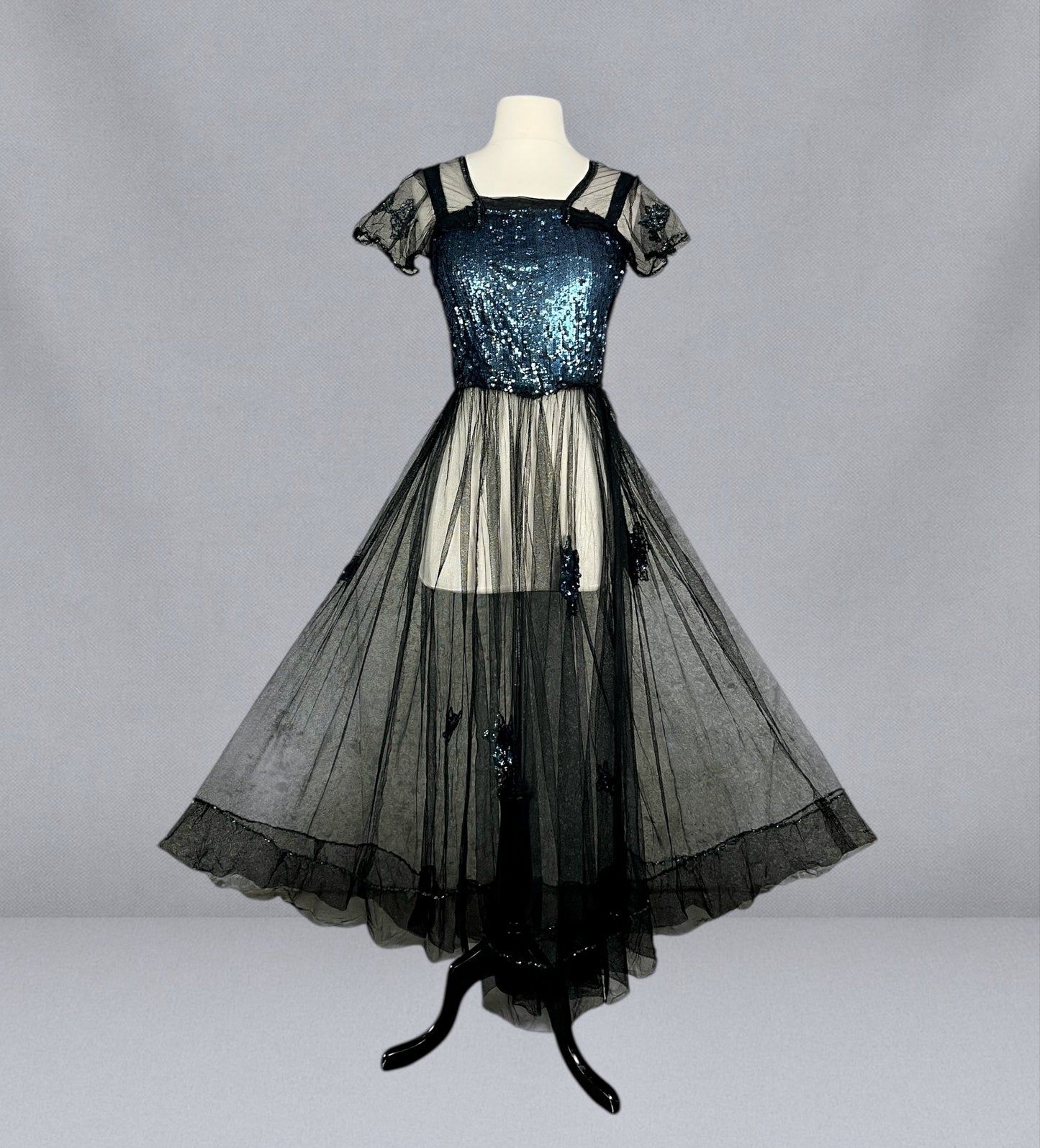 Extraordinary Antique 1930s Blue Gelatin Sequin & Black Net Evening Dress with Sheer Sleeves