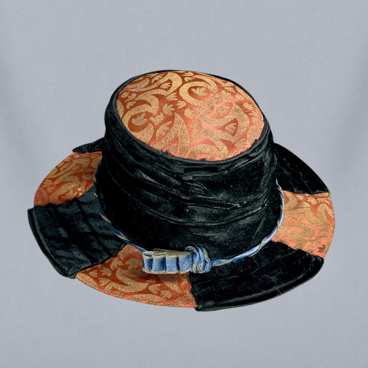 Antique Late 1910s Velvet & Lamé Brim Hat with Embroidered Silk Lining & Butterfly Appliqués