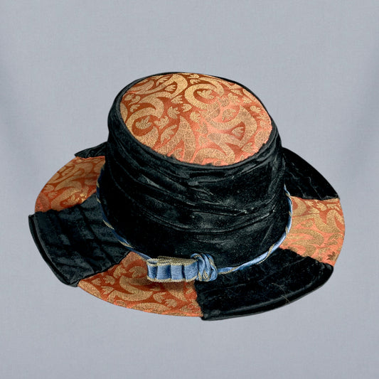 Antique Late 1910s Velvet & Lamé Brim Hat with Embroidered Silk Lining & Butterfly Appliqués