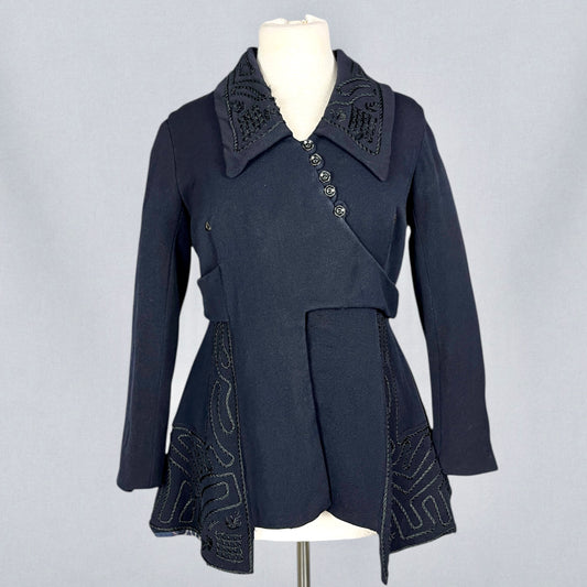 Antique Mid-1910s Navy Wool Embroidered Walking Suit Jacket with Asymmetrical Closures, M - M/L