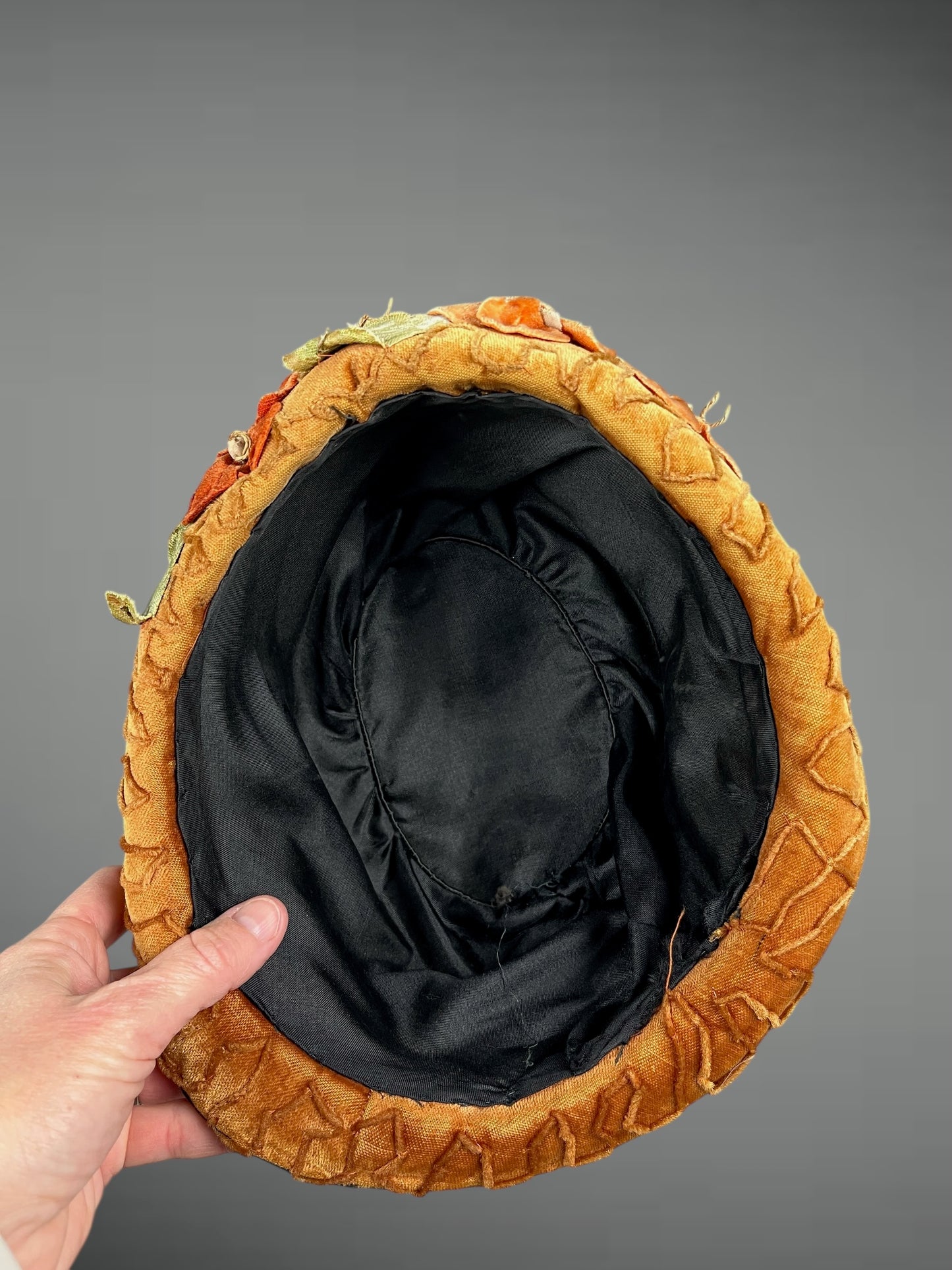 Antique Late 1910s–Early 1920s Navy Velvet Cloche Hat with Golden-Ochre Velvet Band & Dimensional Flowers