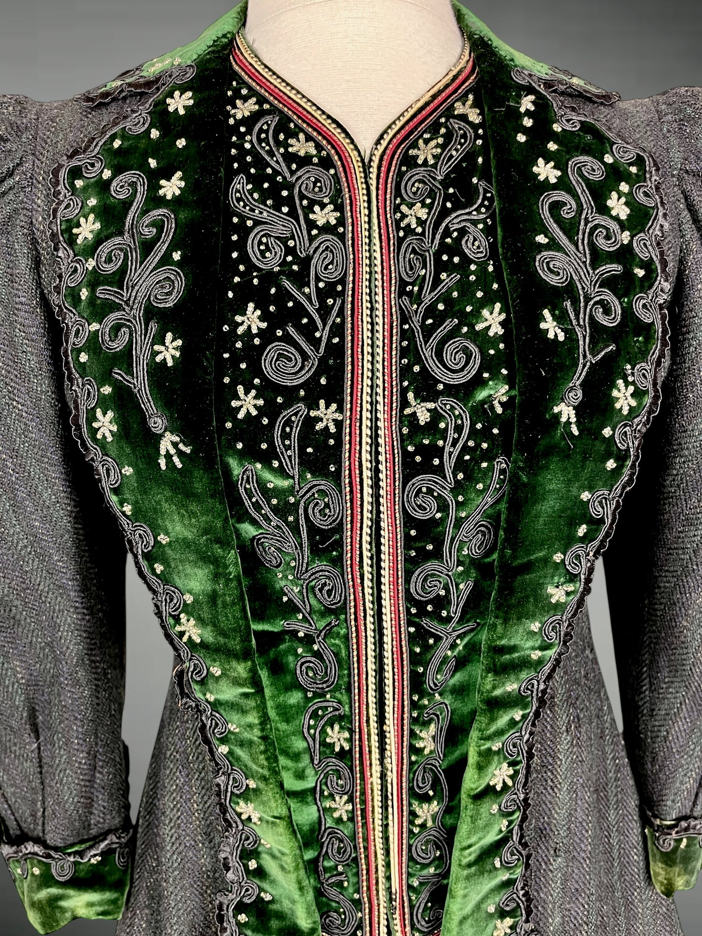 Antique 1890s Victorian Leg-of-Mutton Sleeve Striped Wool Bodice Jacket with Emerald Green Velvet, Soutache & Beaded Motifs