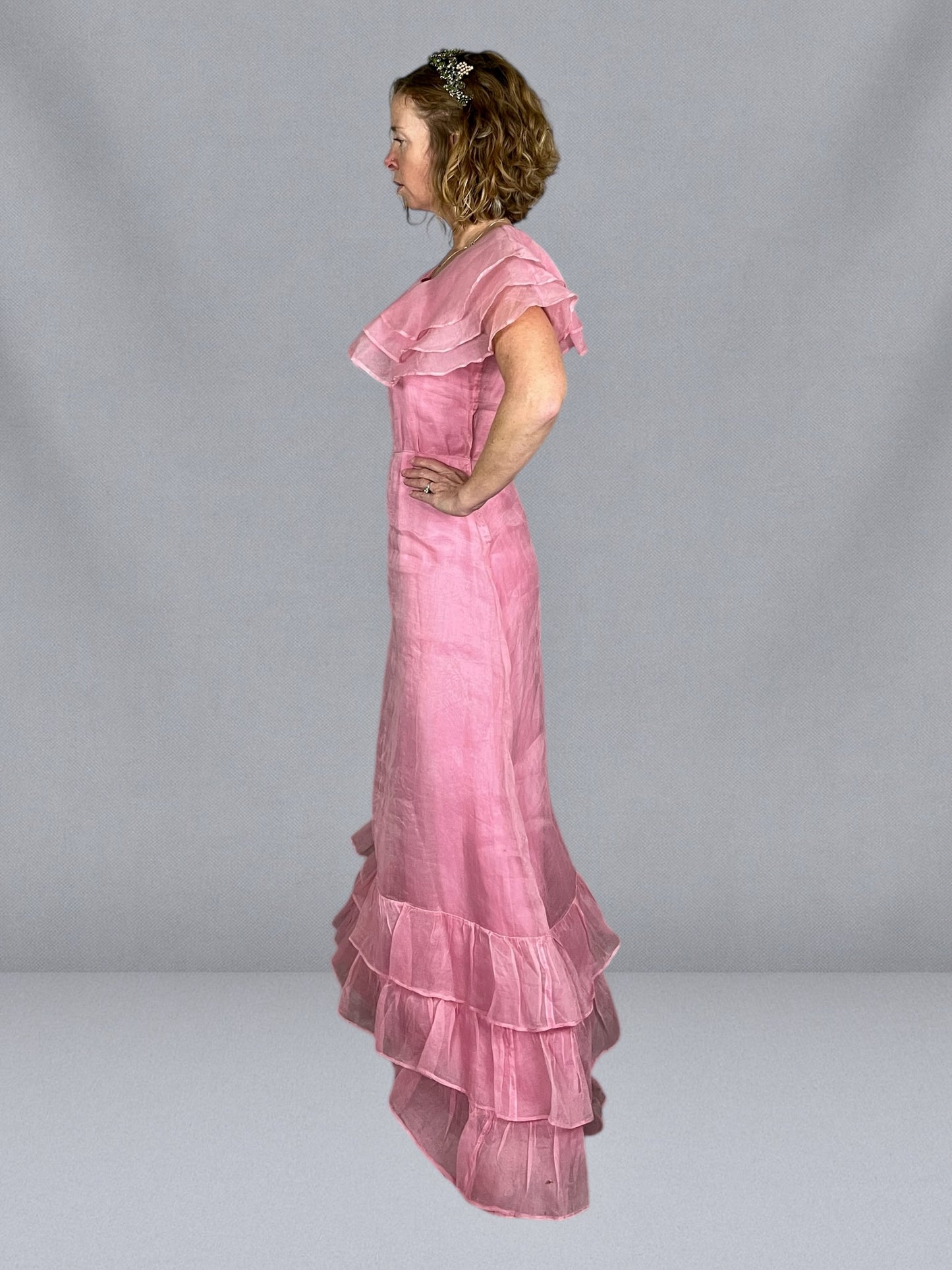 Exceptional Late 1930s Pink Organza Graduation Gown with Original Portrait Provenance – Bias Cut Tiered Ruffle Dress, c.1936
