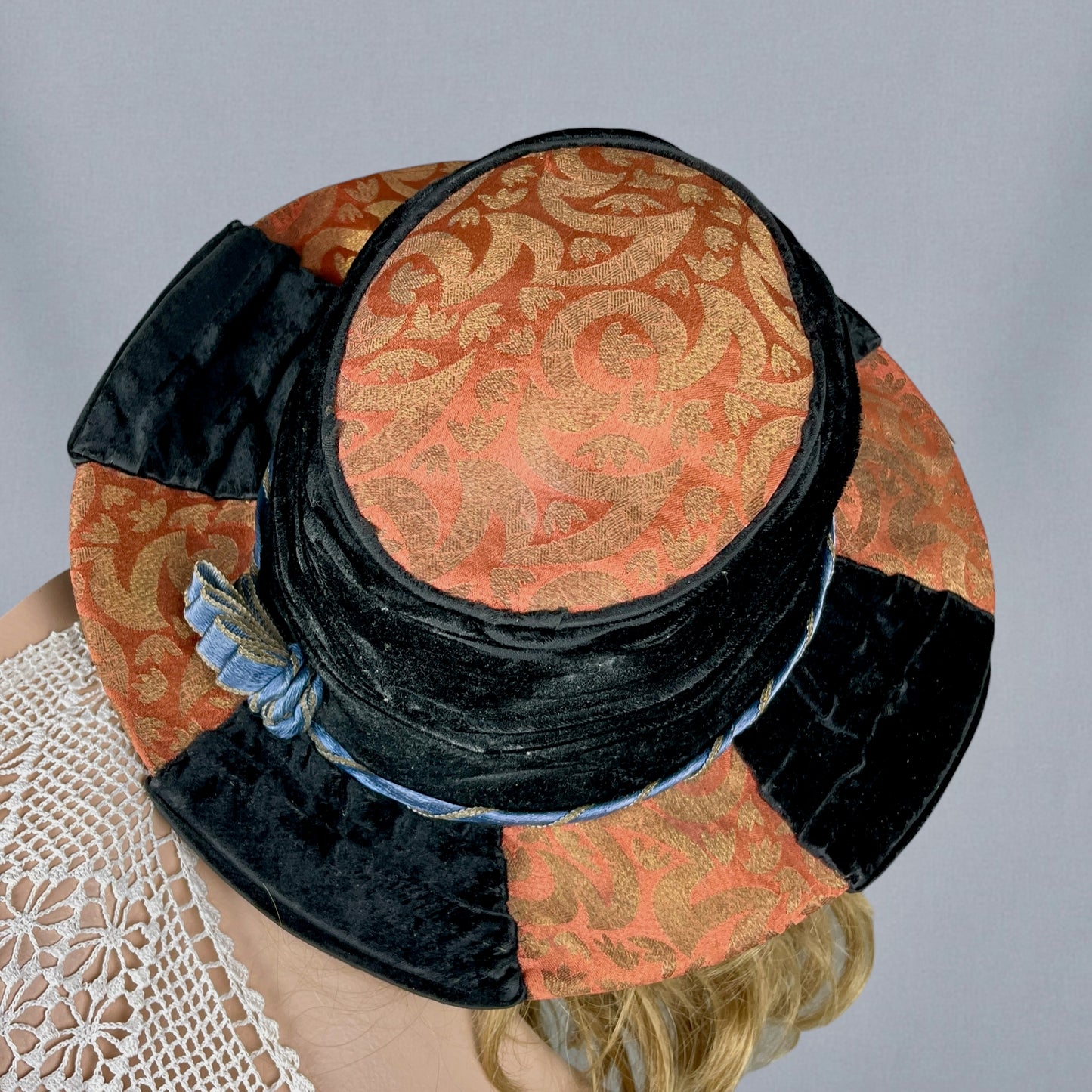 Antique Late 1910s Velvet & Lamé Brim Hat with Embroidered Silk Lining & Butterfly Appliqués