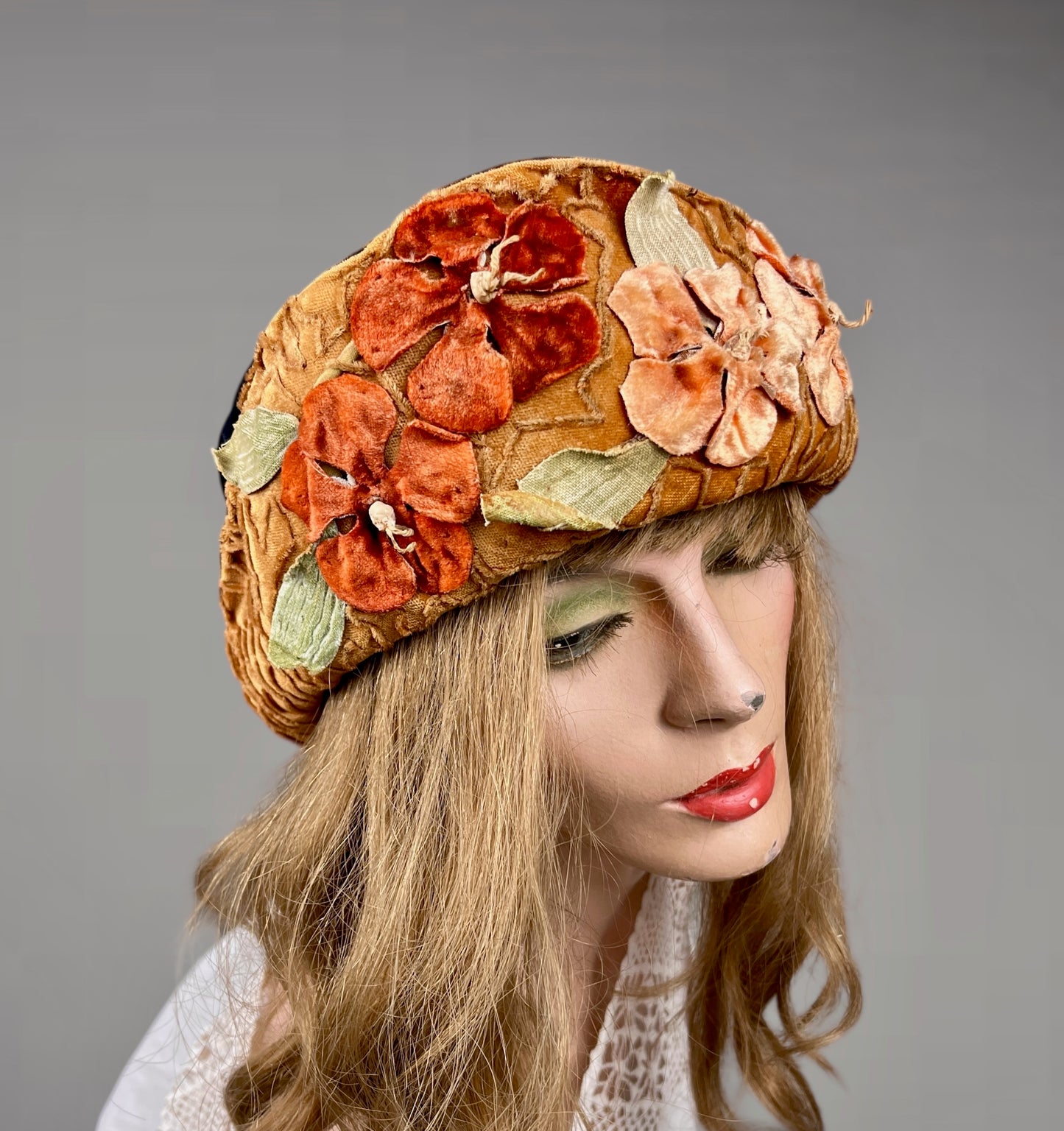 Antique Late 1910s–Early 1920s Navy Velvet Cloche Hat with Golden-Ochre Velvet Band & Dimensional Flowers