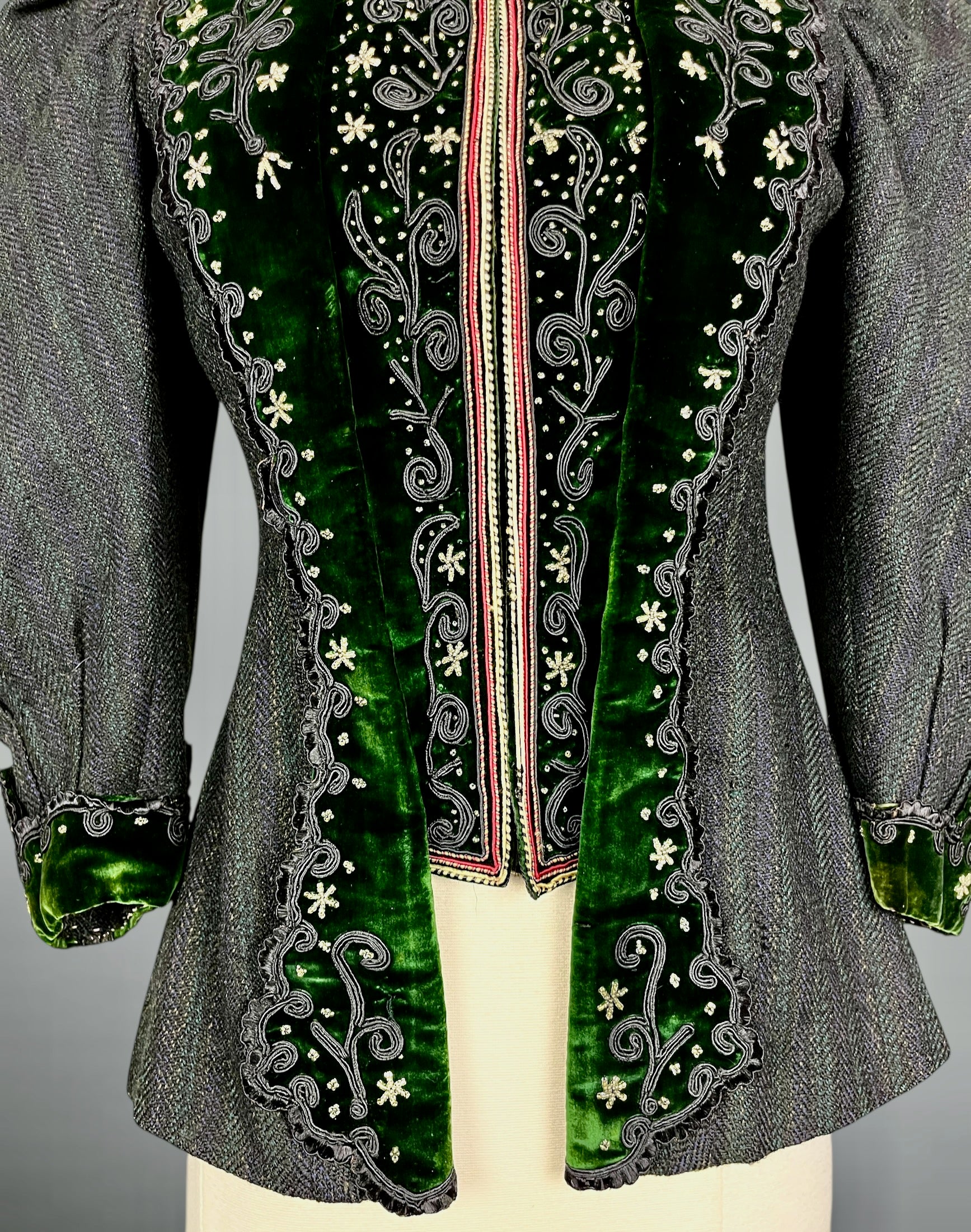 Green velvet, soutache trim and beadwork detail