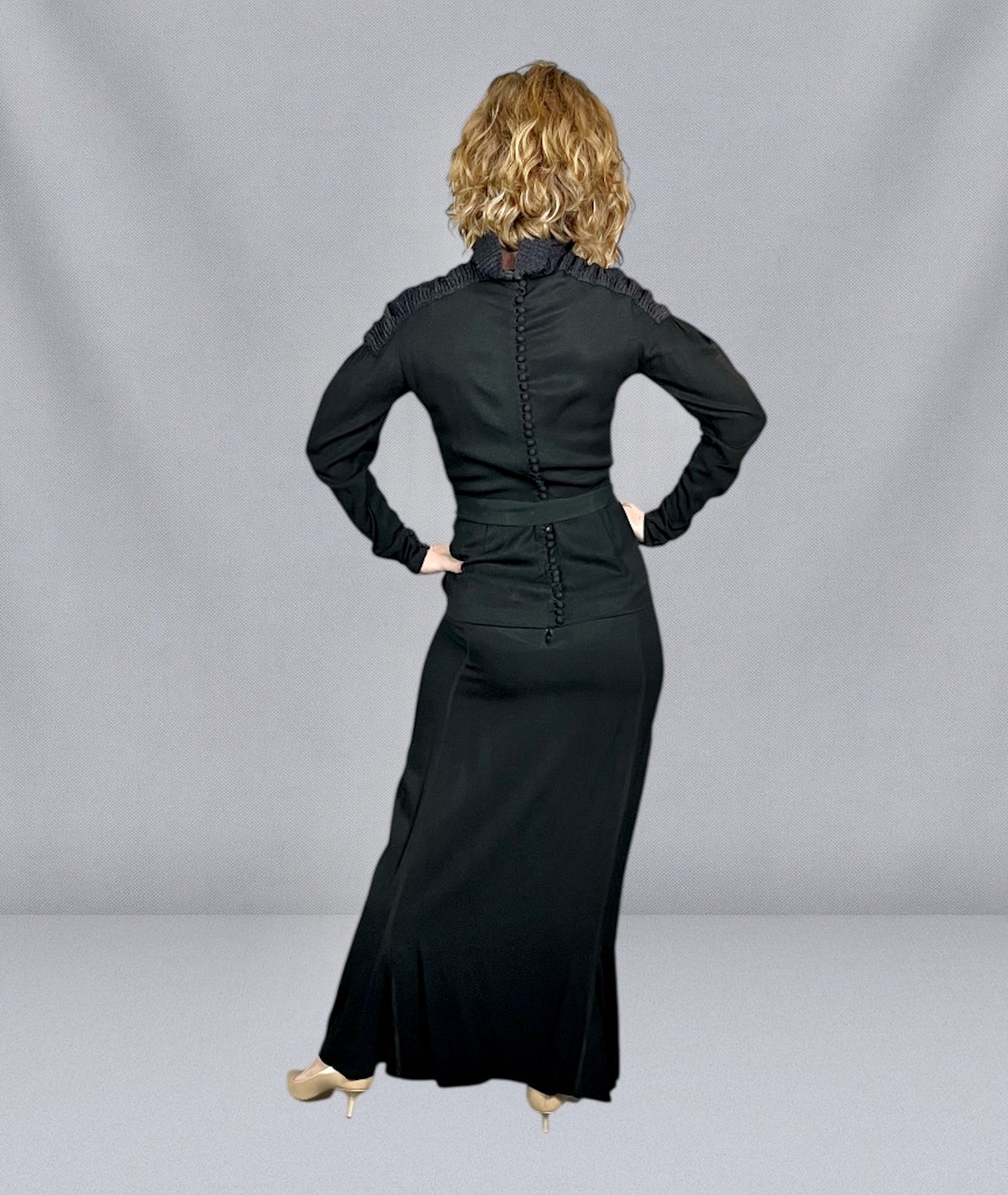 Vintage Late 1930s Black Rayon Two-Piece Ensemble | Deco Seamed Blouse with Shirred Knit Collar