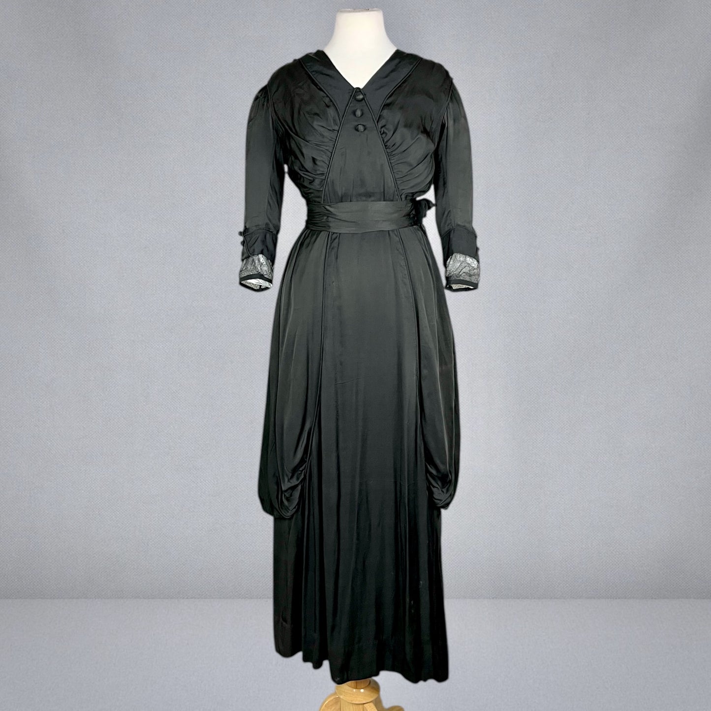 Antique Edwardian Early 1910s Black Silk Gown, Fluid Draped Skirt, Hobble-Era Influence, Small