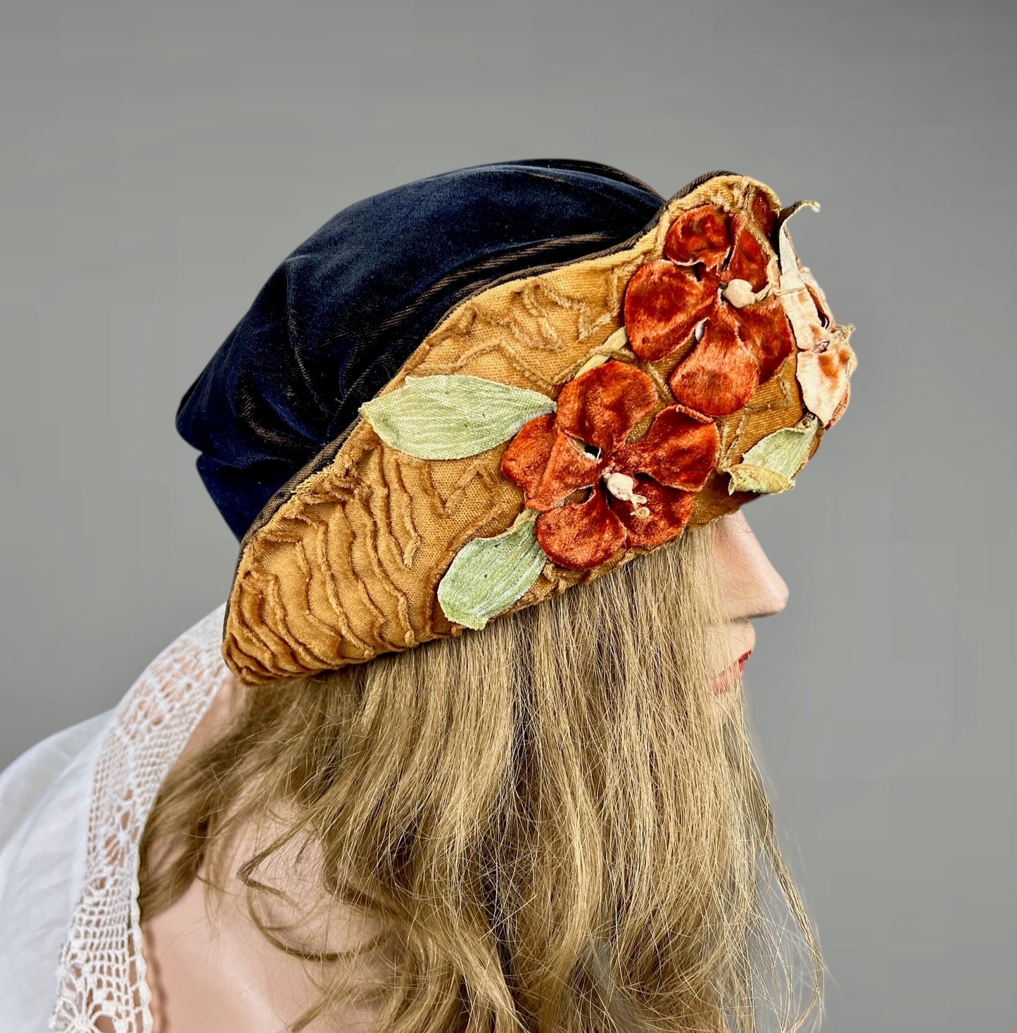Antique Late 1910s–Early 1920s Navy Velvet Cloche Hat with Golden-Ochre Velvet Band & Dimensional Flowers