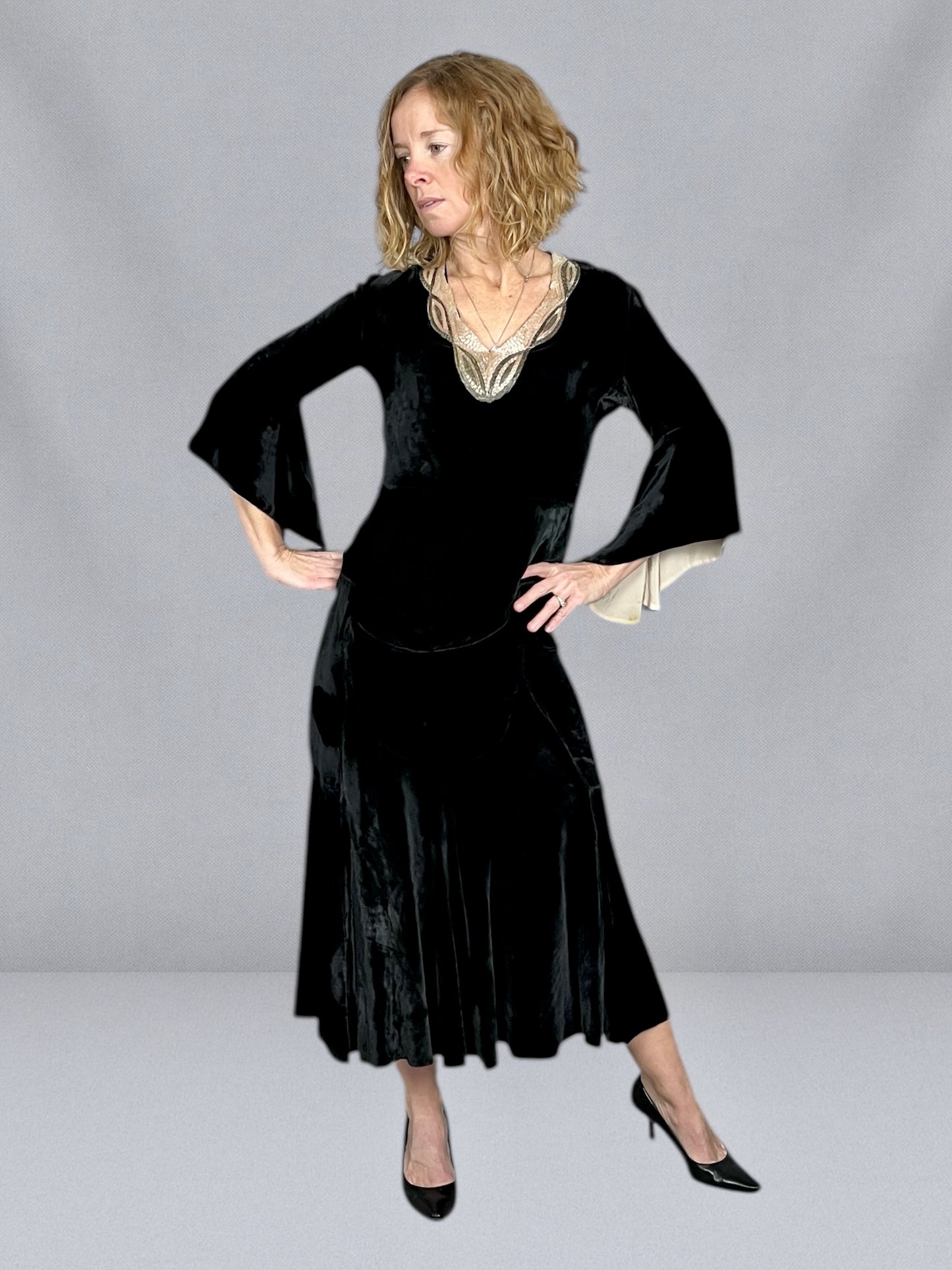 Antique Late 1920s Early 1930s Black Silk Velvet Dress with Beaded Neckline & Satin-Lined Bell Sleeves
