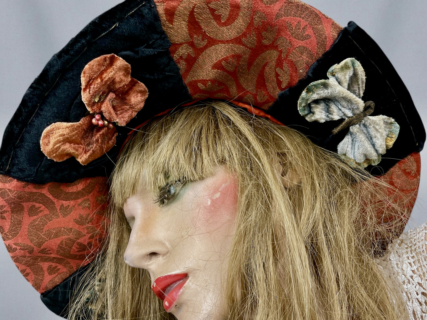 Antique Late 1910s Velvet & Lamé Brim Hat with Embroidered Silk Lining & Butterfly Appliqués