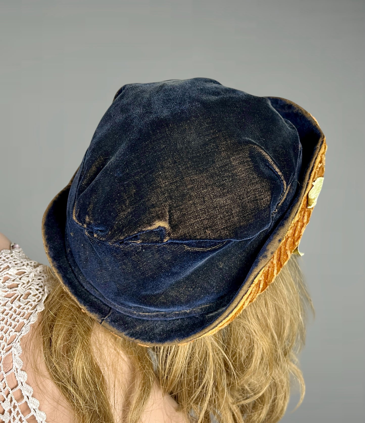 Antique Late 1910s–Early 1920s Navy Velvet Cloche Hat with Golden-Ochre Velvet Band & Dimensional Flowers